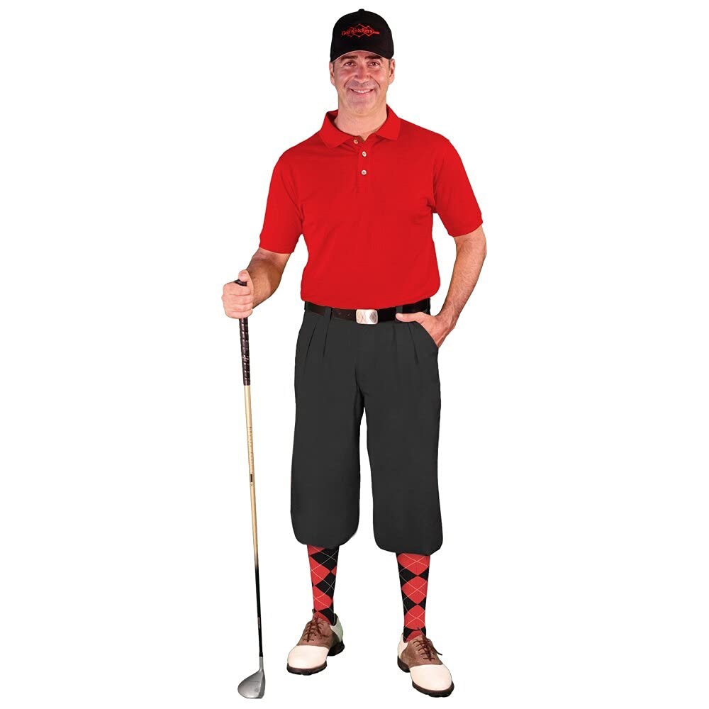**Men's Black Microfiber Golf Outfit Set - Limited Edition Ball Cap, Over-The-Calf Argyle Socks & Red Polo Shirt - Perfect for Golfing, Casual Wear & Sports Events**