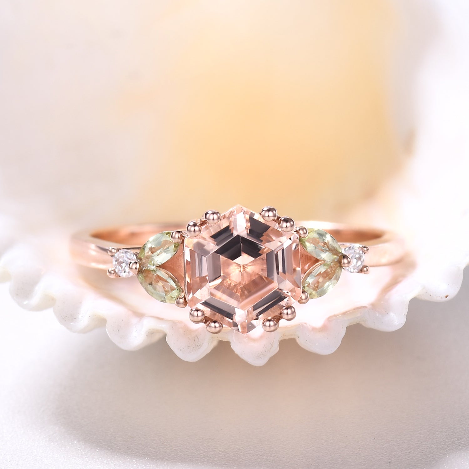 1 Carat Vintage Hexagon Cut Morganite Engagement Ring with Marquise Peridot Cluster - Elegant Wedding, Anniversary & Proposal Jewelry for Women