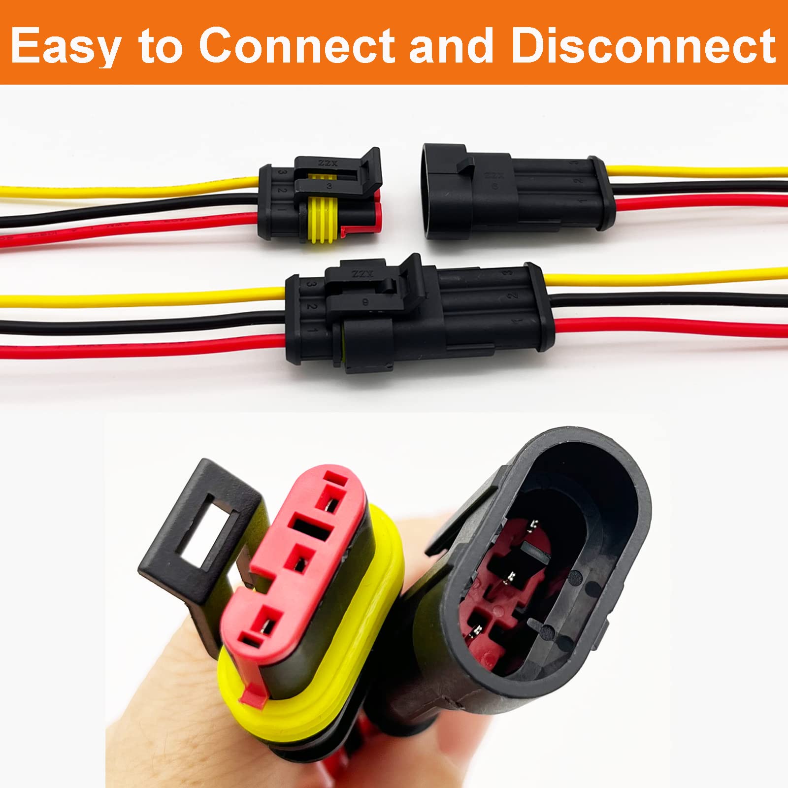 18 AWG 3 Pin Waterproof Wire Connectors - Automotive Electrical Quick Disconnect with 18 Gauge Wire (10 Kits) - Ideal for Car Audio, Marine, and Outdoor Lighting Installations