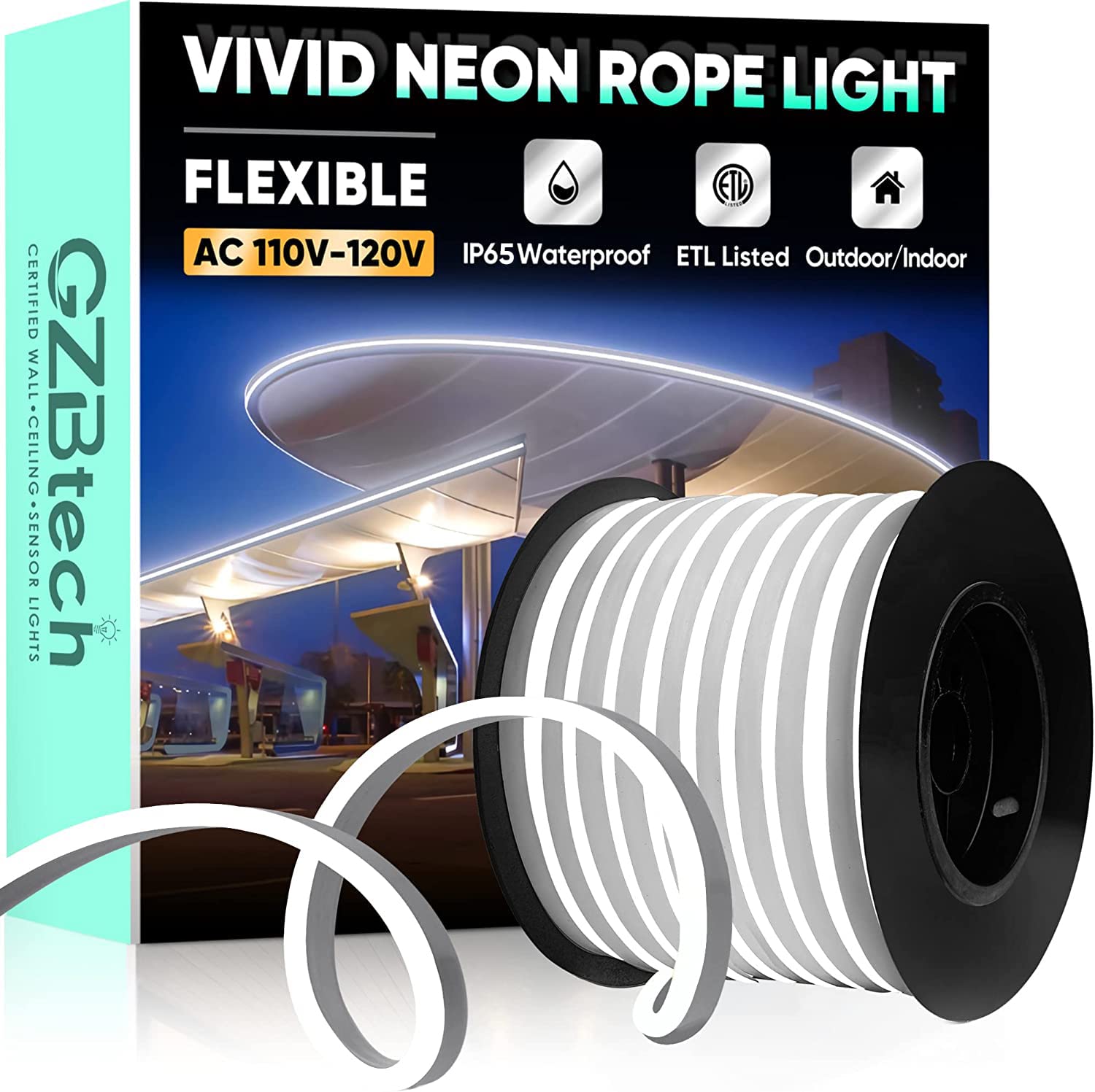 GZBtech 82FT Flexible LED Neon Rope Lights - Waterproof 120V Neon Strip Lighting with 120 LEDs/M, Cuttable & Connectable for Indoor/Outdoor Decor - Cold White 25M - Perfect for Home, Bar, Wedding, and Commercial Signage