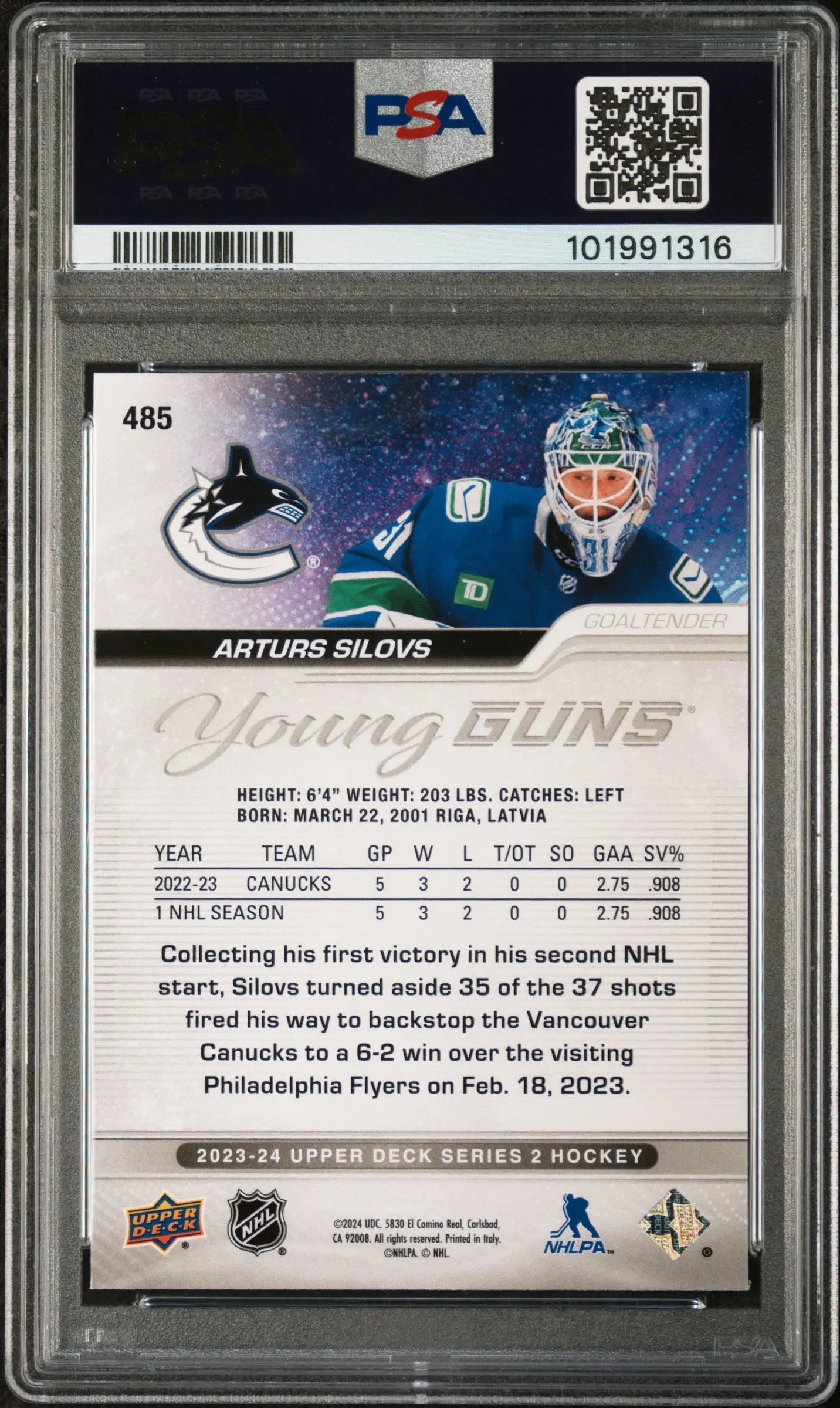 2023-24 Upper Deck Series 2 Arturs Silovs Silver Outburst Young Guns Hockey Card PSA 9 Mint - Perfect for Collectors, Investors & Hockey Fans - Display in Home, Office or Man Cave