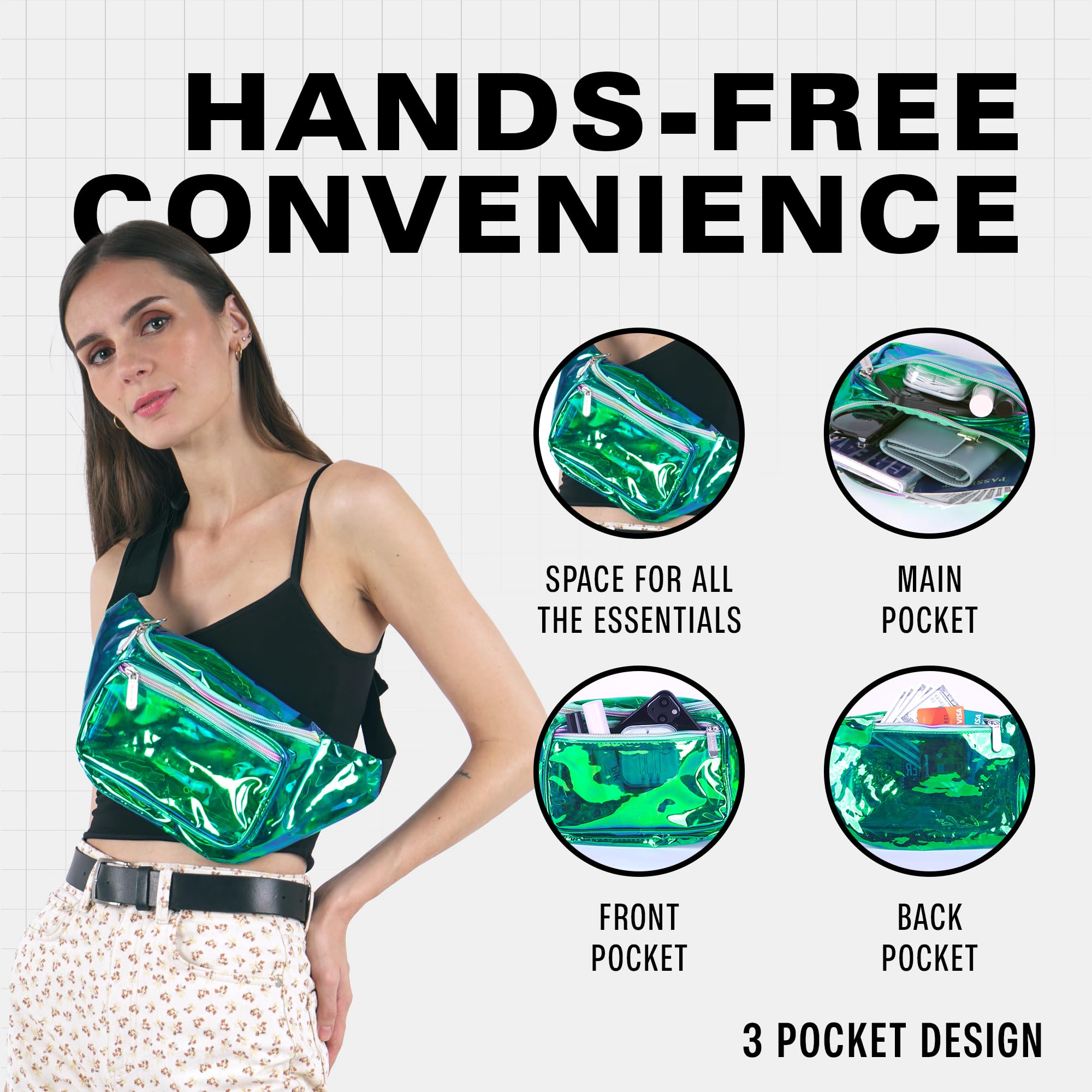 Holographic Transparent Aqua Fanny Pack - Waterproof Crossbody Waist Bag for Men & Women - Hands-Free Belt Bag for Hiking, Running, Travel, Concerts & Outdoor Adventures - Large Bum Bag with Multiple Pockets