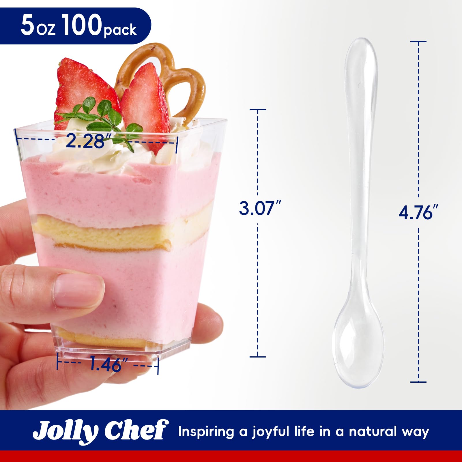 JOLLY CHEF 100-Pack 5 oz Clear Plastic Dessert Cups with Lids & Spoons | Disposable Square Appetizer Containers for Pudding, Fruit, Ice Cream | Perfect for Parties, Catering, and Home Entertaining