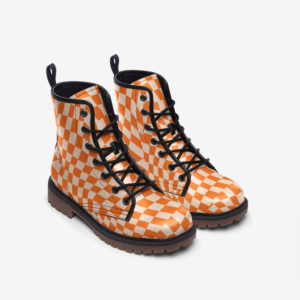 Stylish Faux Leather Lightweight Lace-Up Boots for Women - Retro Checkered Orange Design - Perfect for Casual Outfits, Fall Fashion & Everyday Wear