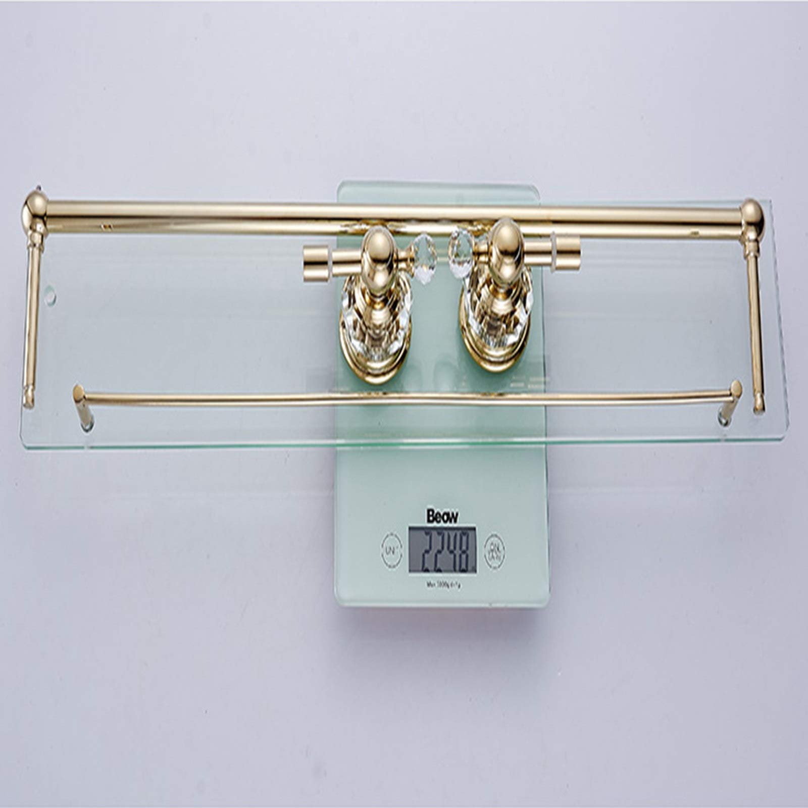 XXIOJUN 62x12cm Rose Gold Tempered Glass Wall Shelf - Heavy Duty 10kg Capacity, Rustproof Bathroom Shelves with Towel Bar - Perfect for Shower, Vanity, Dressing Table & Bathroom Organization (3 Color Options)