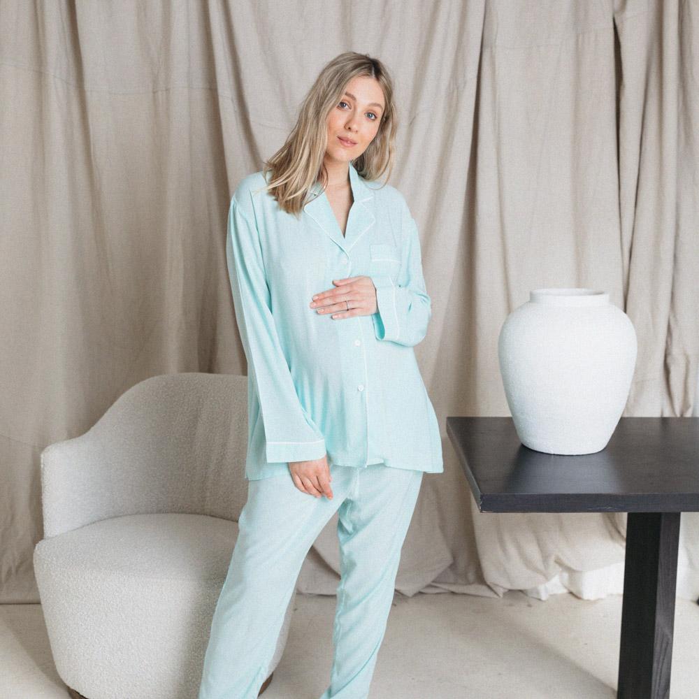 Comfortable Women's Maternity Long Sleeve Pajama Set - Soft Cotton Sleepwear for Pregnant Women - Mint Green Loungewear for Relaxing at Home or Hospital Stay