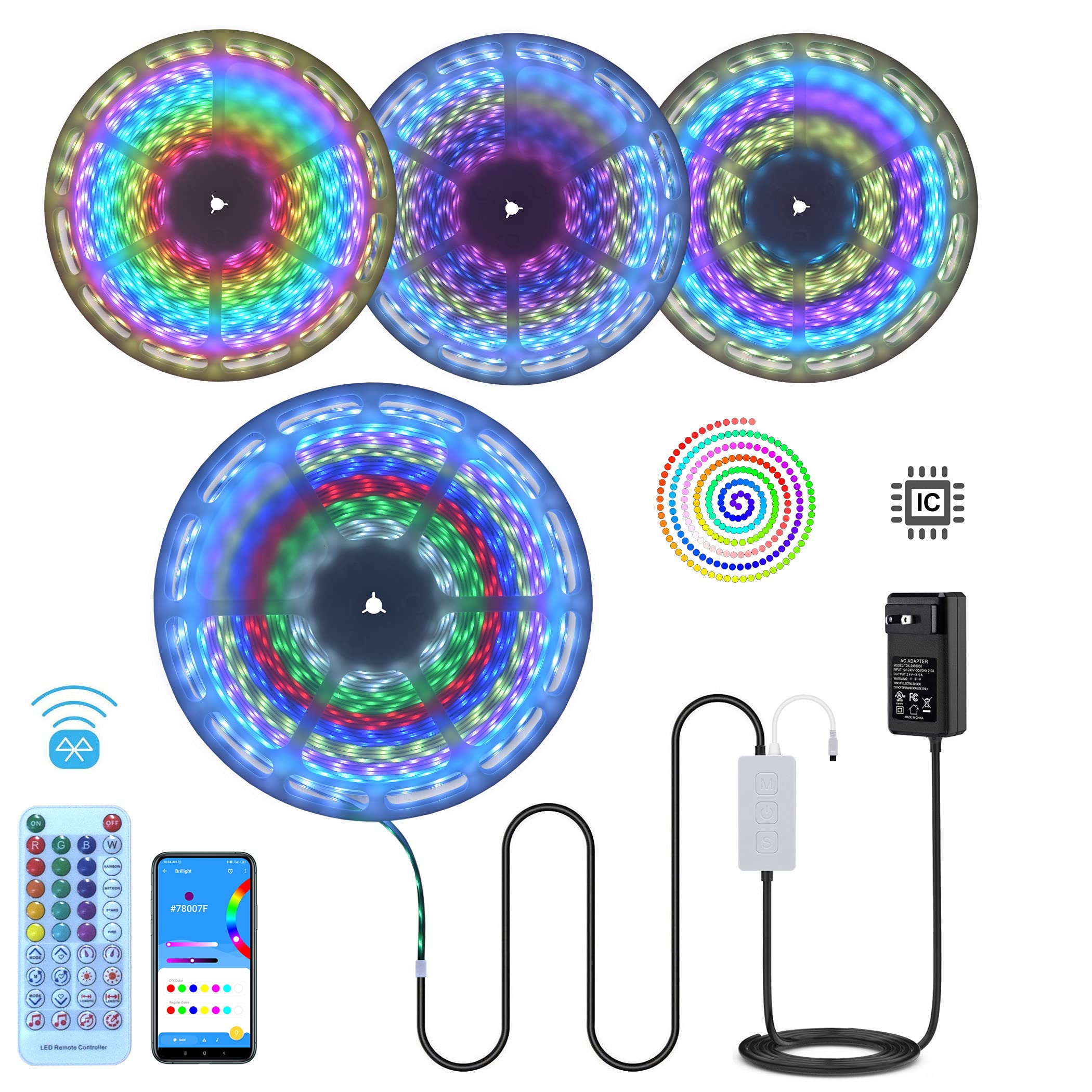 130Ft Waterproof 24V LED RGB IC Addressable Strip Lights - Bluetooth App Smart Control, Music Sync, Color Changing Rope Lights for Swimming Pool, Crown Molding, Landscape & Home Decor Lighting | Indoor & Outdoor Use