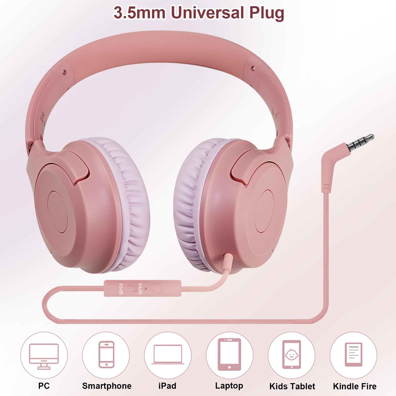 Kids Wired Headphones with Microphone - 85/94dB Safe Volume Limiter, Foldable Over-Ear Headset with 3.5mm Jack for Online Learning, Travel, School & Home Use - Compatible with iPad, Tablet, PC, Laptop - Pink (Ideal for Remote Classes, Gaming & Entertainment)