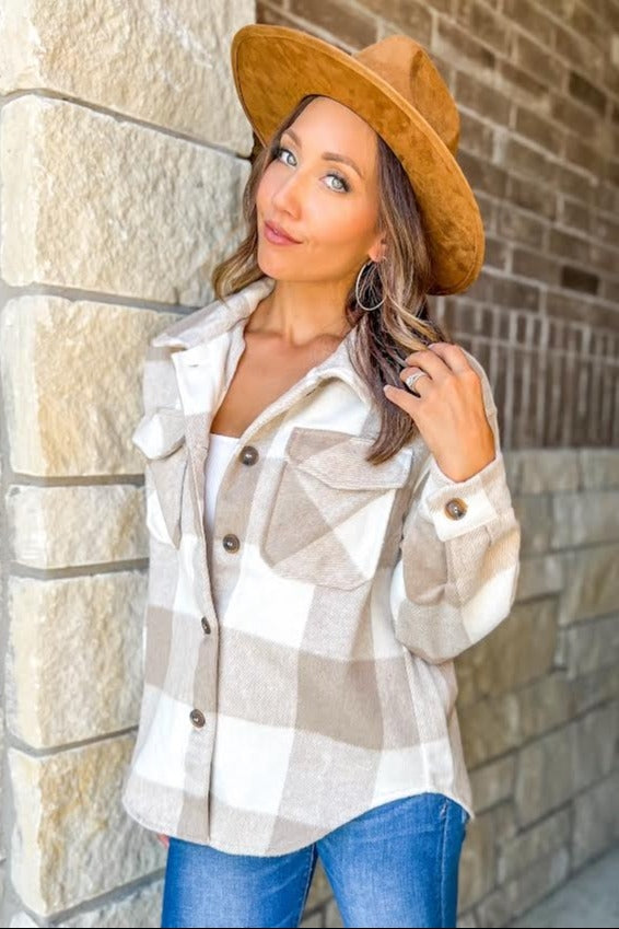 Beige Plaid Knit Shirt Jacket for Women - Cozy Oversized Button Up Cardigan Sweater | Perfect for Fall Layering, Casual Outfits & Outdoor Activities