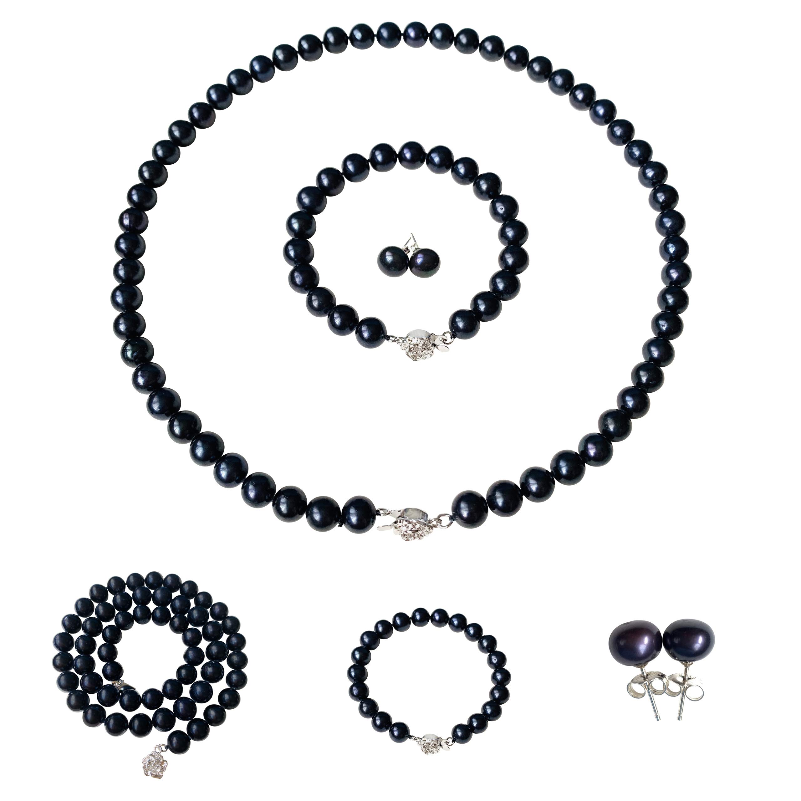 Pearl Romance II Round Black Pearl Necklace Bracelet & Earrings Set for Women - 3 Piece Jewelry Set with Strand Necklace & Stud Earrings - Genuine Cultured Freshwater Pearls - Perfect for Christmas Gifts, Weddings & Special Occasions