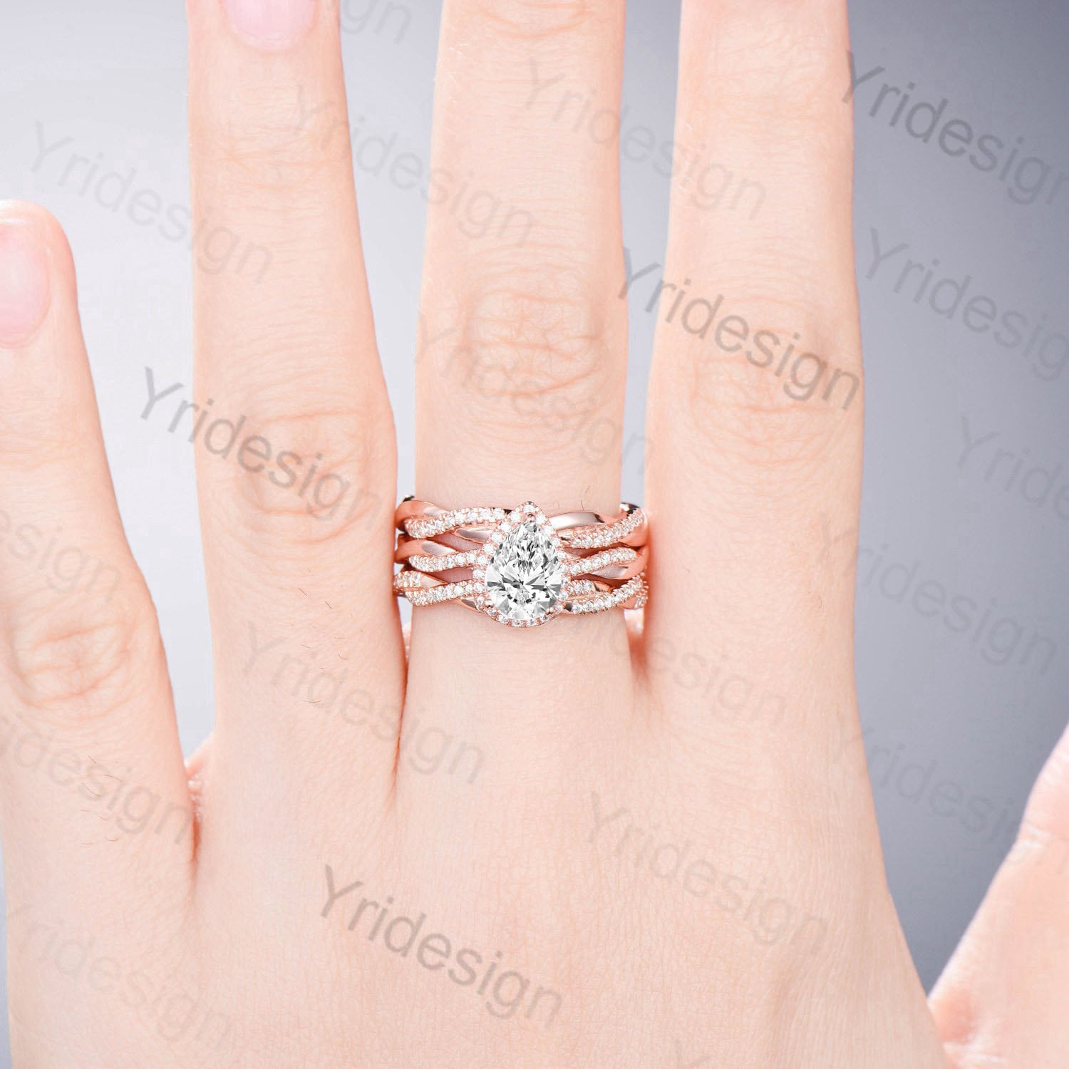 6x8mm Pear Shaped Lab Grown Diamond Ring Set - VVS2 D Color Twist Wedding Band & Full Eternity Stacking Ring for Engagement, Anniversary & Everyday Elegance