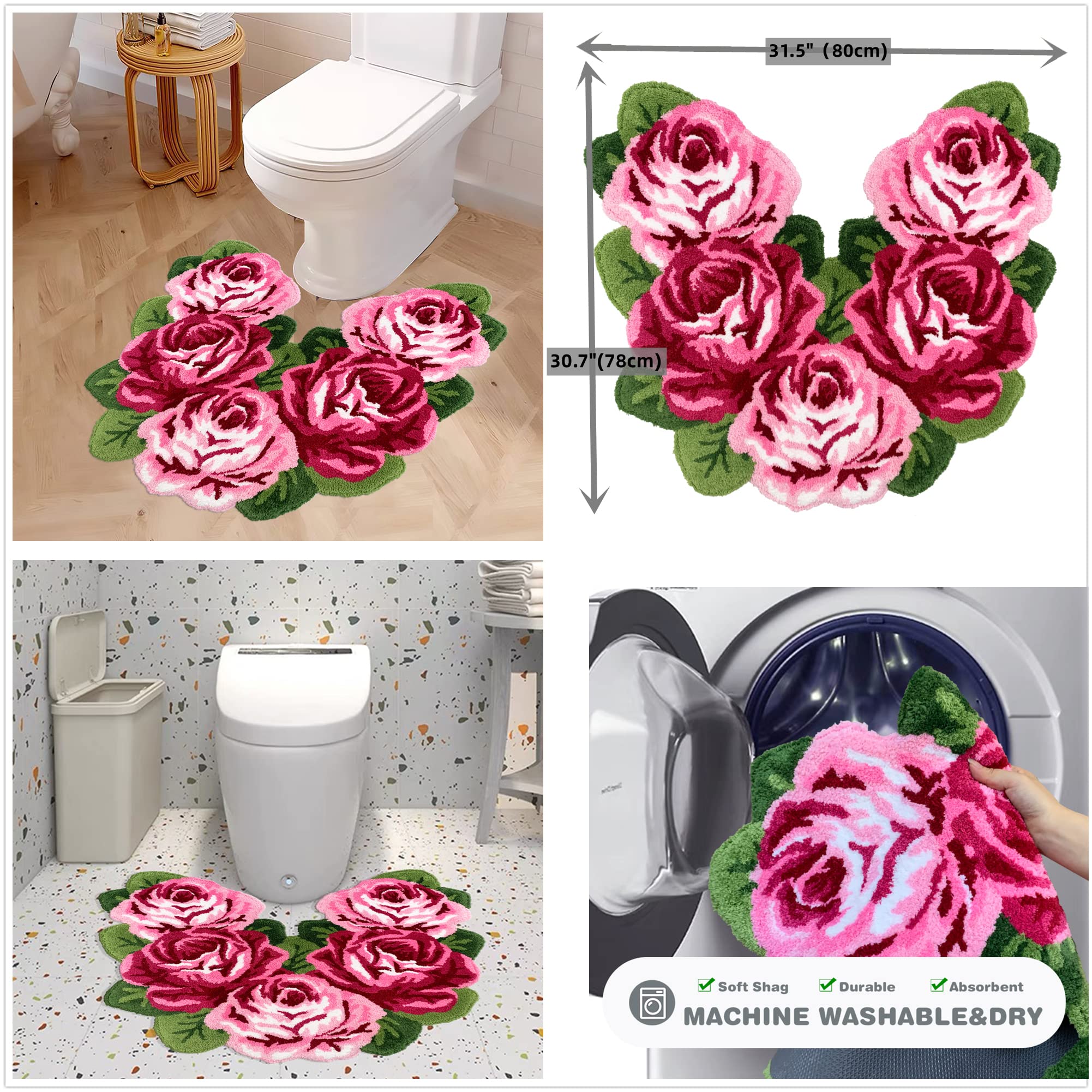 Premium Non-Slip Microfiber Bathroom Rug - Rose Shaped Shaggy Absorbent Shower Mat for Tub & Toilet, Machine Washable U-Shaped Bath Rug (31