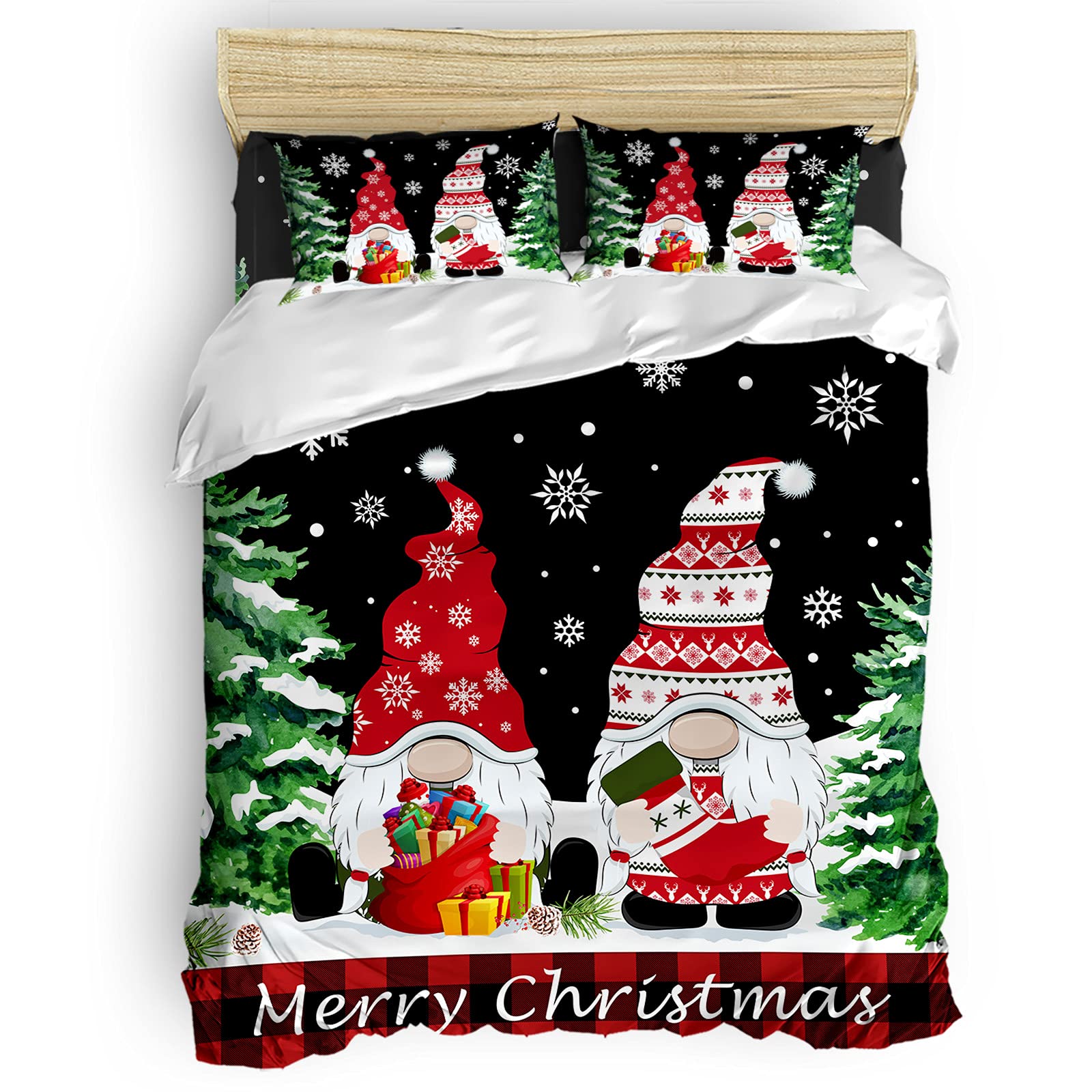Seven Roses 4-Piece Christmas Bedding Set - Soft Quilt Cover, Sheets & Pillowcases with Merry Gnomes & Xmas Tree Design, Queen Size Black - Perfect for Holiday Decor & Cozy Winter Nights