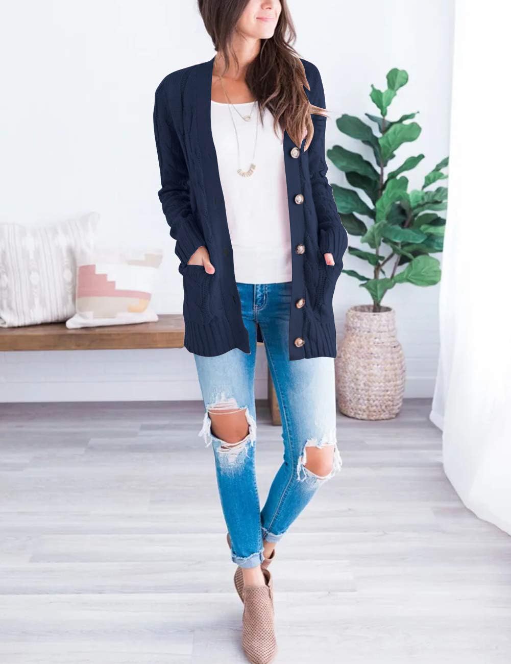 MEROKEETY Women's 2025 Fall Long Sleeve Cable Knit Sweater Cardigan - Open Front Button Loose Fit Outerwear for Casual Wear, Office & Date Nights