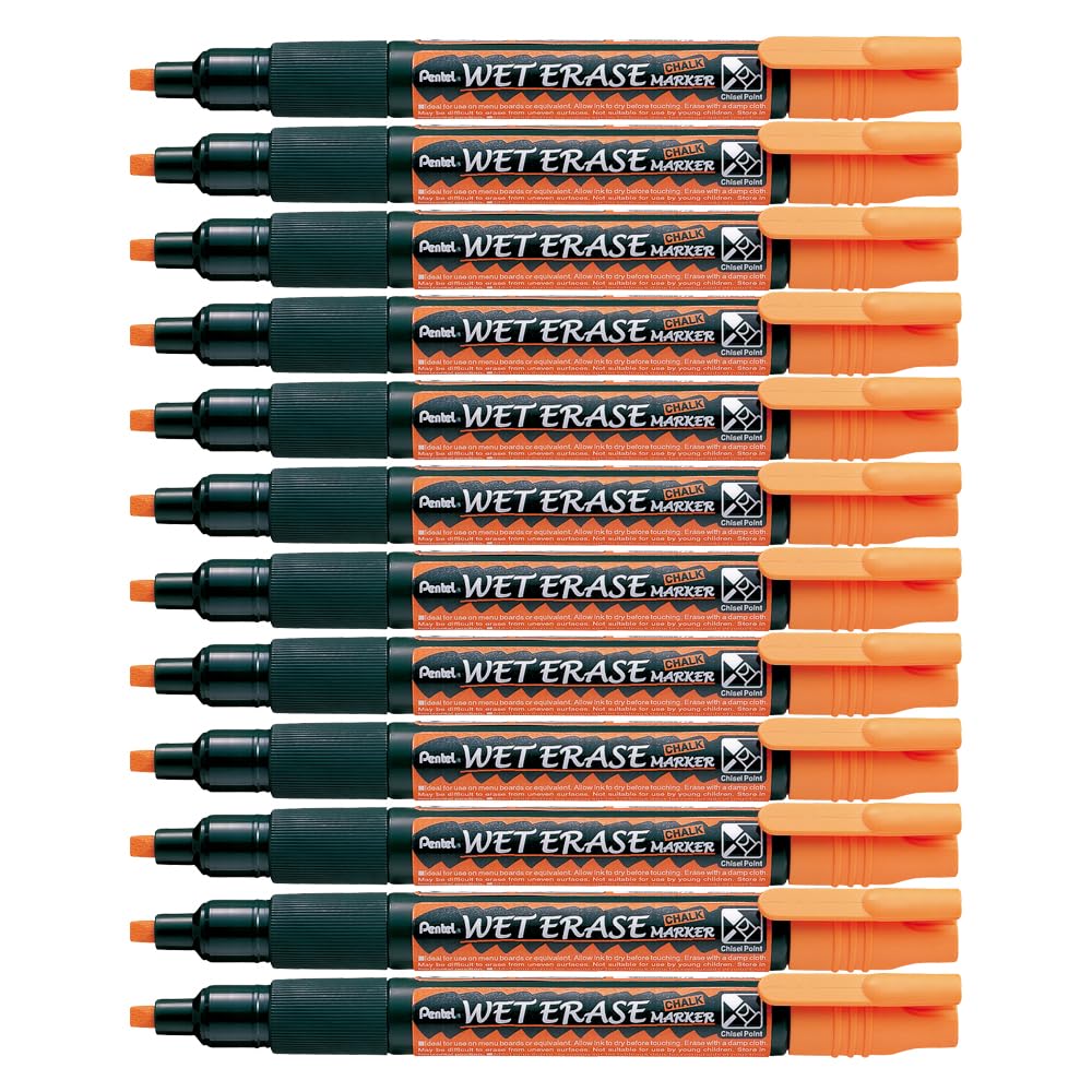Pentel Wet Erase Chalk Markers - 12 Pack Orange Medium Tip Markers for Whiteboards, Glass, Windows & Non-Porous Surfaces - Ideal for Restaurants, Classrooms & Office Use