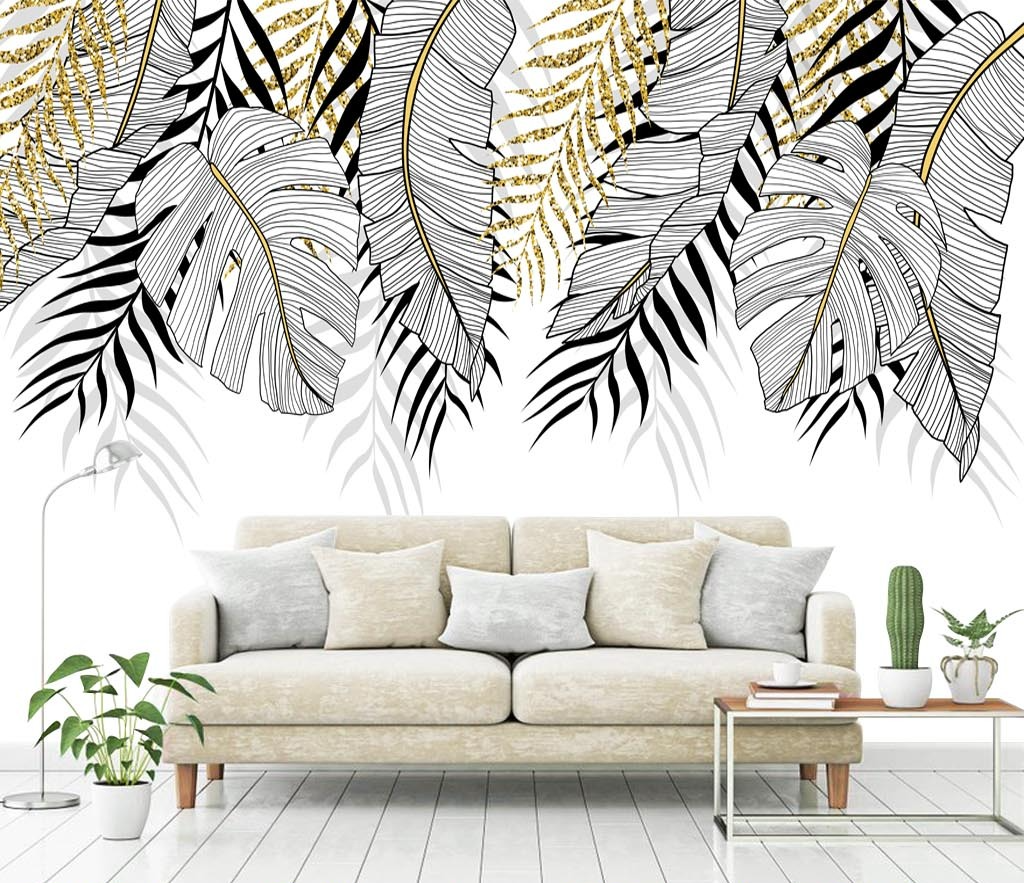 3D Gold and Black Leaves Tropical Wallpaper Mural - Self-Adhesive Peel and Stick Wallpaper for Bedroom, Living Room, Nursery, Office - Easy to Install & Removable Decor