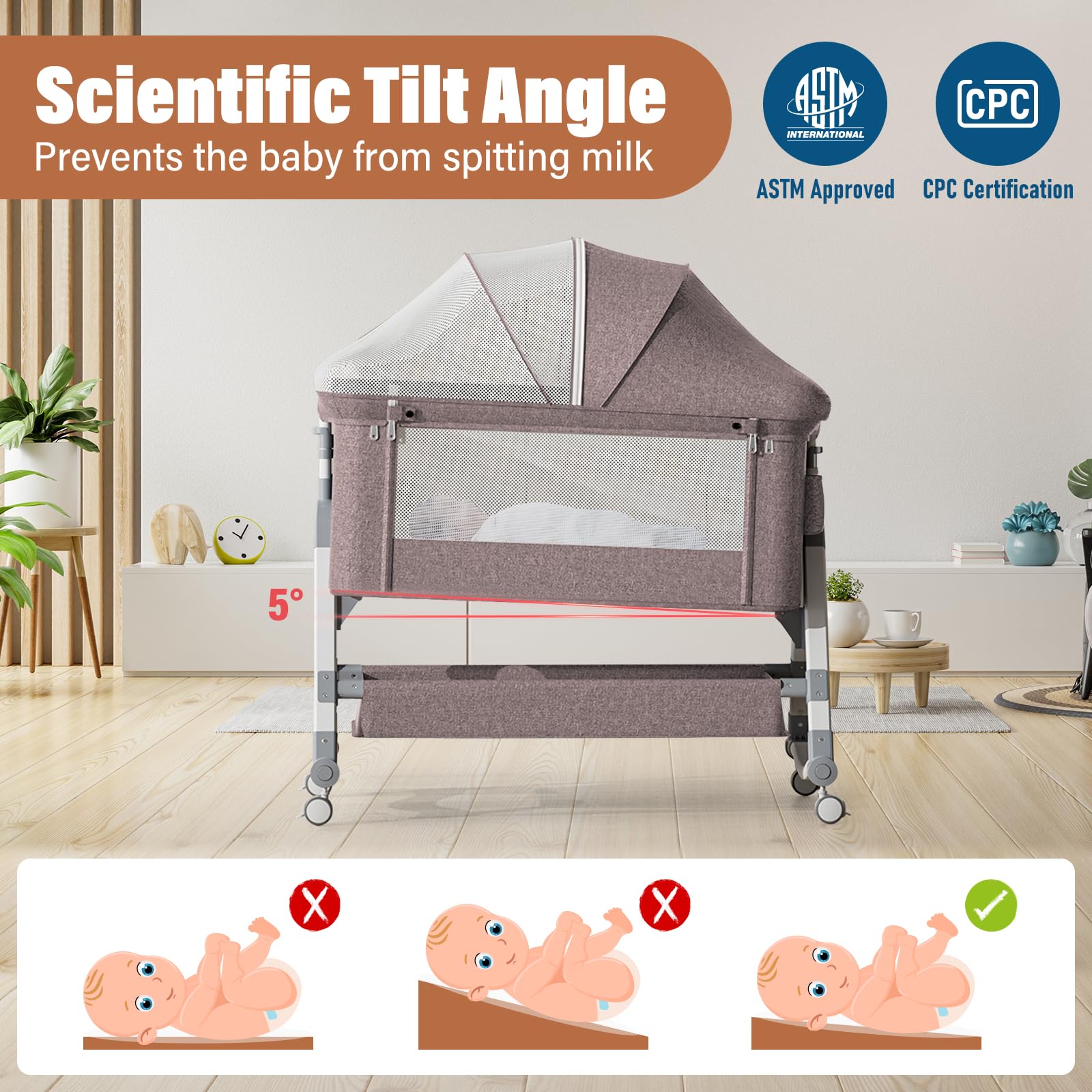 Jaoul 4-in-1 Adjustable Baby Bassinet Bedside Sleeper & Portable Crib with Comfortable Mattress, Mosquito Net & Storage - Ideal for Newborns & Infants - Perfect for Nursery, Bedroom & Travel (Khaki)