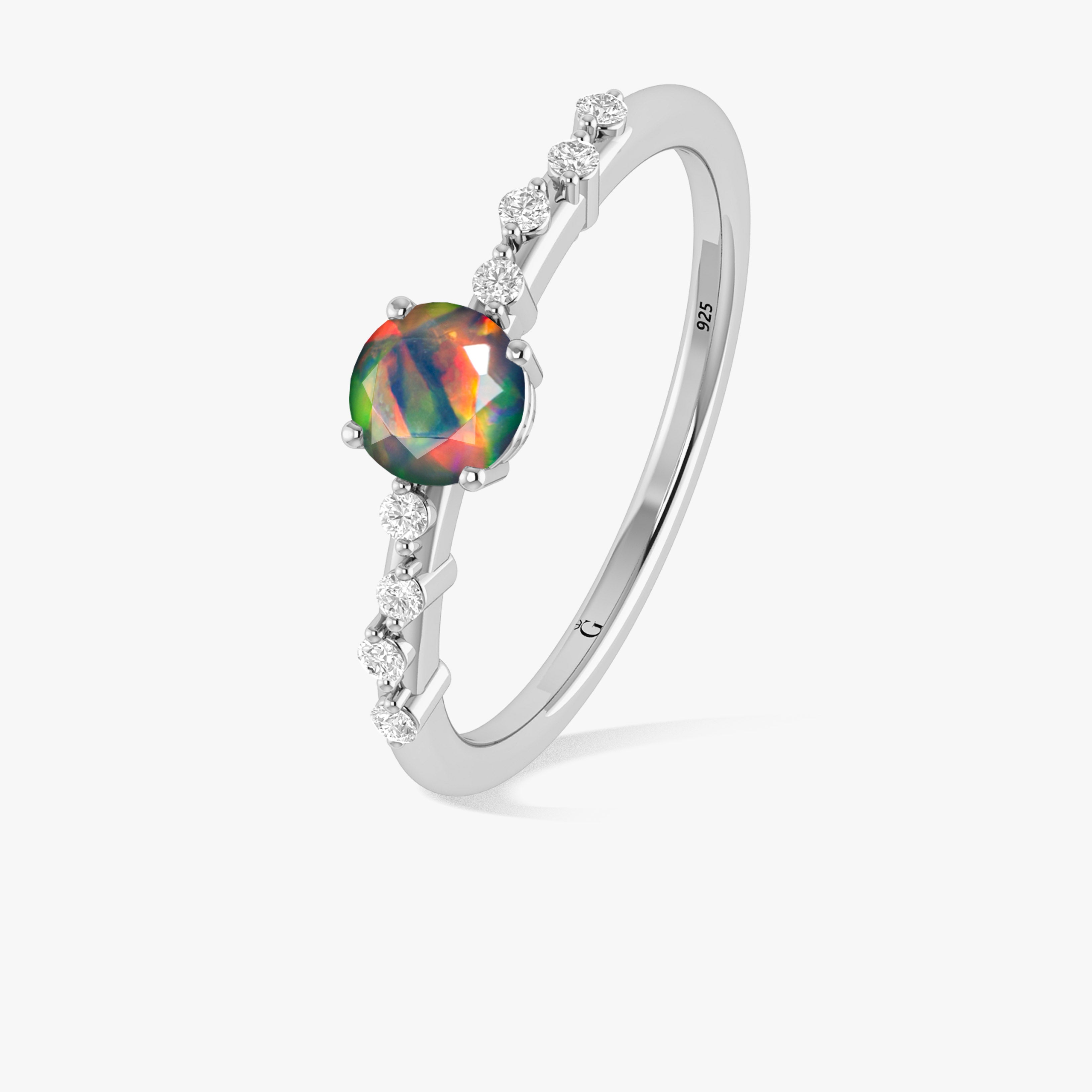 Natural Black Opal Round Stone Minimalist Solitaire Ring with Accent Diamonds | Elegant Wedding, Engagement & Everyday Jewelry for Women