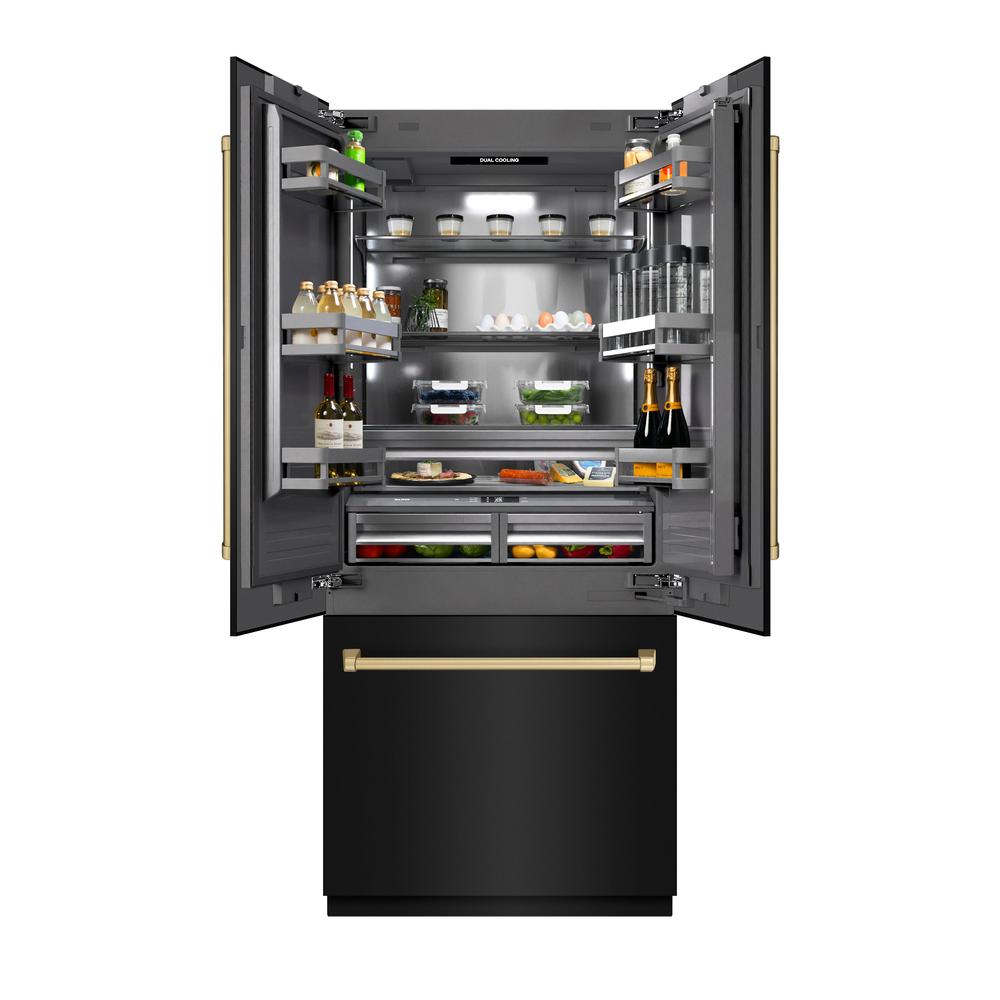 ZLINE Autograph Edition 36 Inch French Door Built-In Bottom Freezer Refrigerator - 19.6 cu.ft Capacity, Black Stainless Steel with Graphite Gray Interior & Champagne Bronze Accents - Water Dispenser & Ice Maker Included - Perfect for Modern Kitchens & Open-Concept Homes