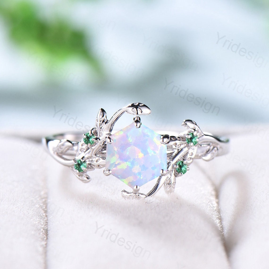 Hexagon Cut Opal Ring for Women - Vintage White Opal Engagement Ring, Nature Inspired Bridal Ring with Leaf Vine Design, Emerald Wedding Ring - Perfect for Bridal, Anniversary & Special Occasions