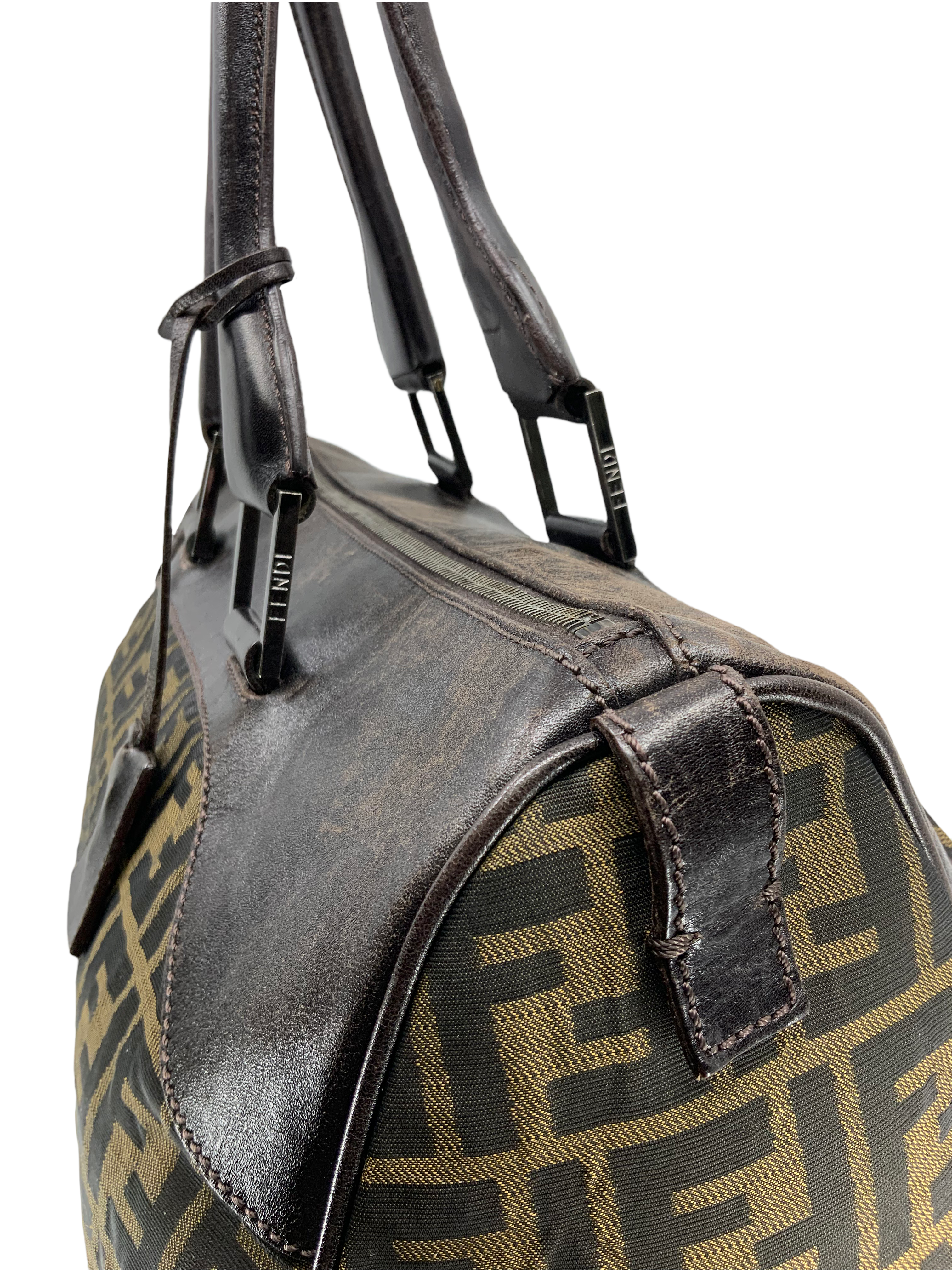 FENDI Zucca Canvas and Leather Small Duffel Bag - Stylish Travel Bag for Women, Perfect for Weekend Getaways & Gym Essentials
