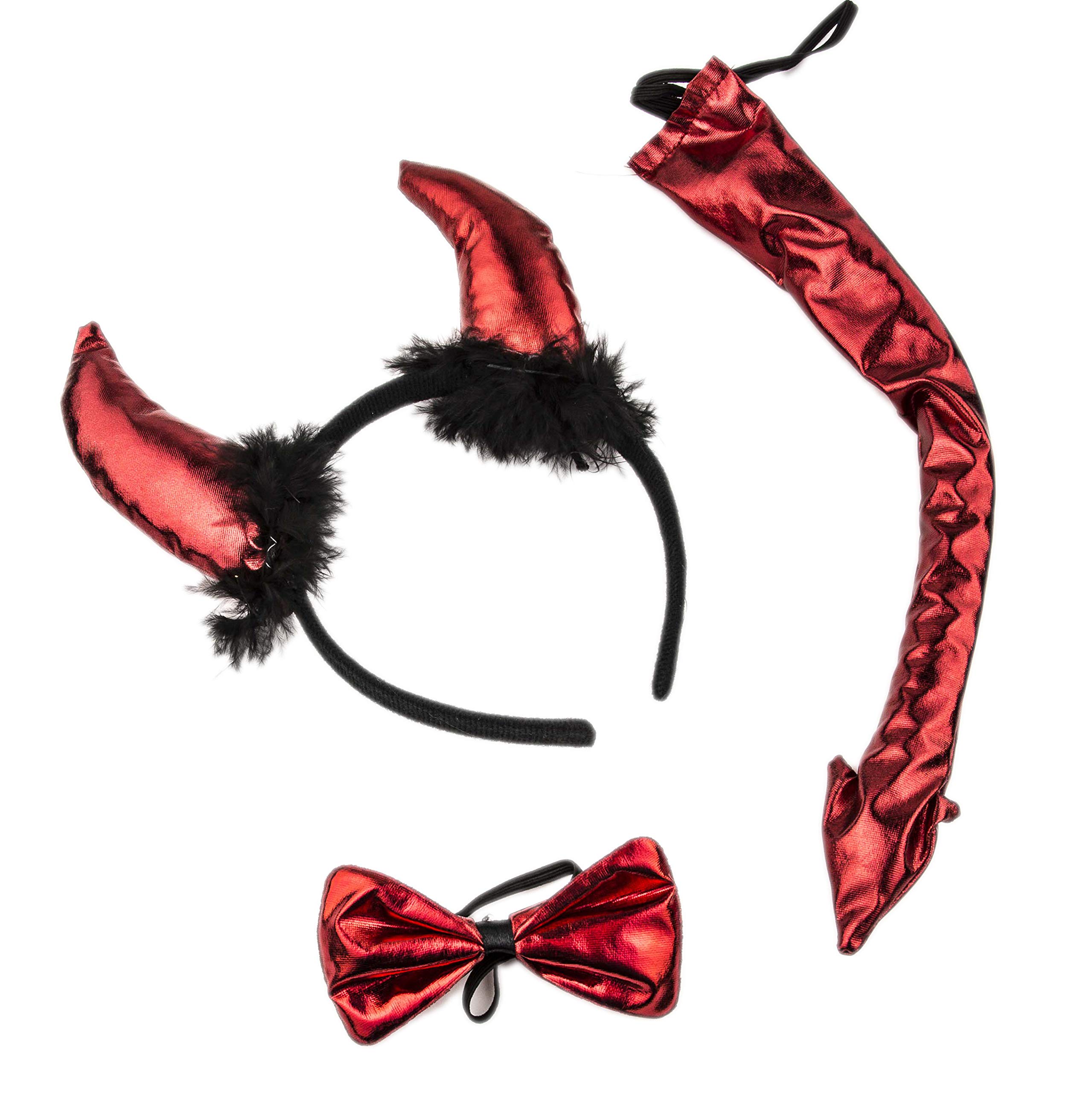 LUX ACCESSORIES Halloween Devil Costume Set - Red & Black Fuzzy Horn Headband, Tail, Pitchfork Accessories for Sexy Cosplay, Party, and Festive Events