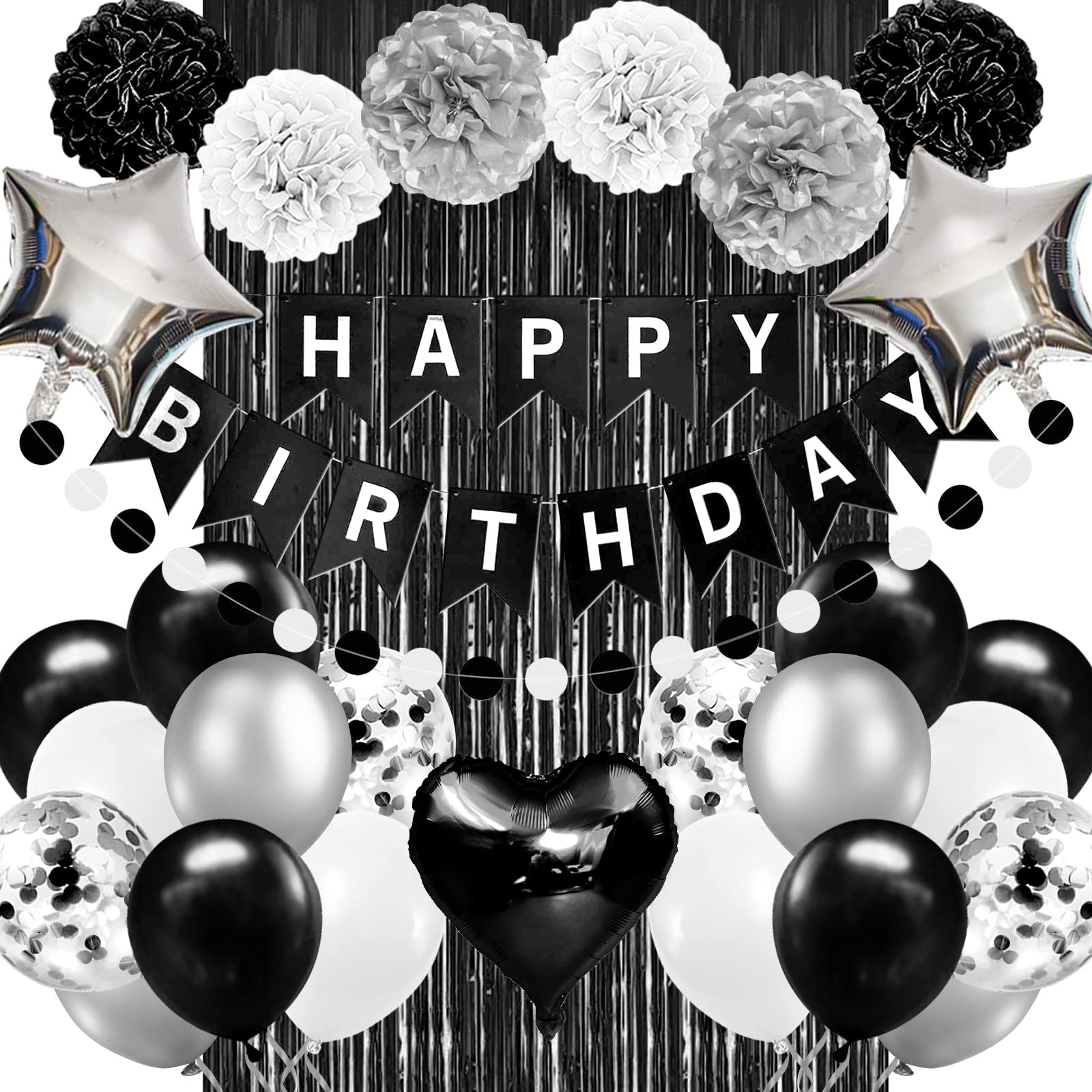 Black and White Birthday Party Decorations Set - Happy Birthday Banner, Fringe Curtains & Pompom Flowers for Men, Women, Boys & Girls | Elegant Black & Silver Theme for Adult Birthdays, Milestone Celebrations & Gender Reveal Parties