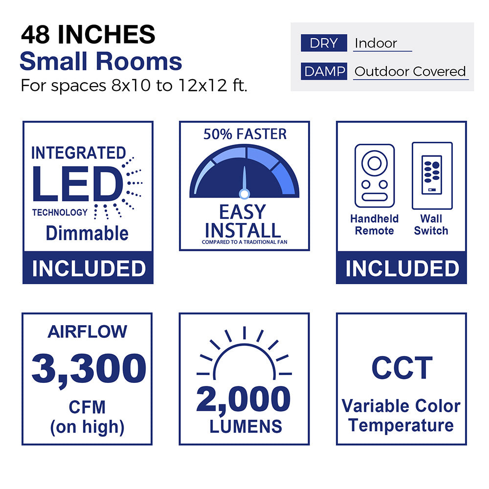 Biscay II 48 Inch Smart Ceiling Fan with LED Light - Remote Control, Dimmable, Quiet DC Motor - Perfect for Bedroom, Living Room, Patio & Outdoor Spaces