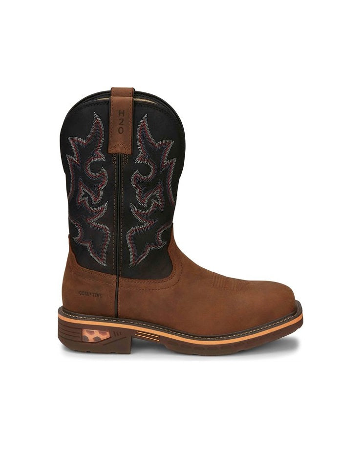 Justin CR4012 Men's Waterproof Steel Toe Pull-On Work Boots - Rustic Brown - Slip Resistant, Electrical Hazard Protection for Construction & Outdoor Work