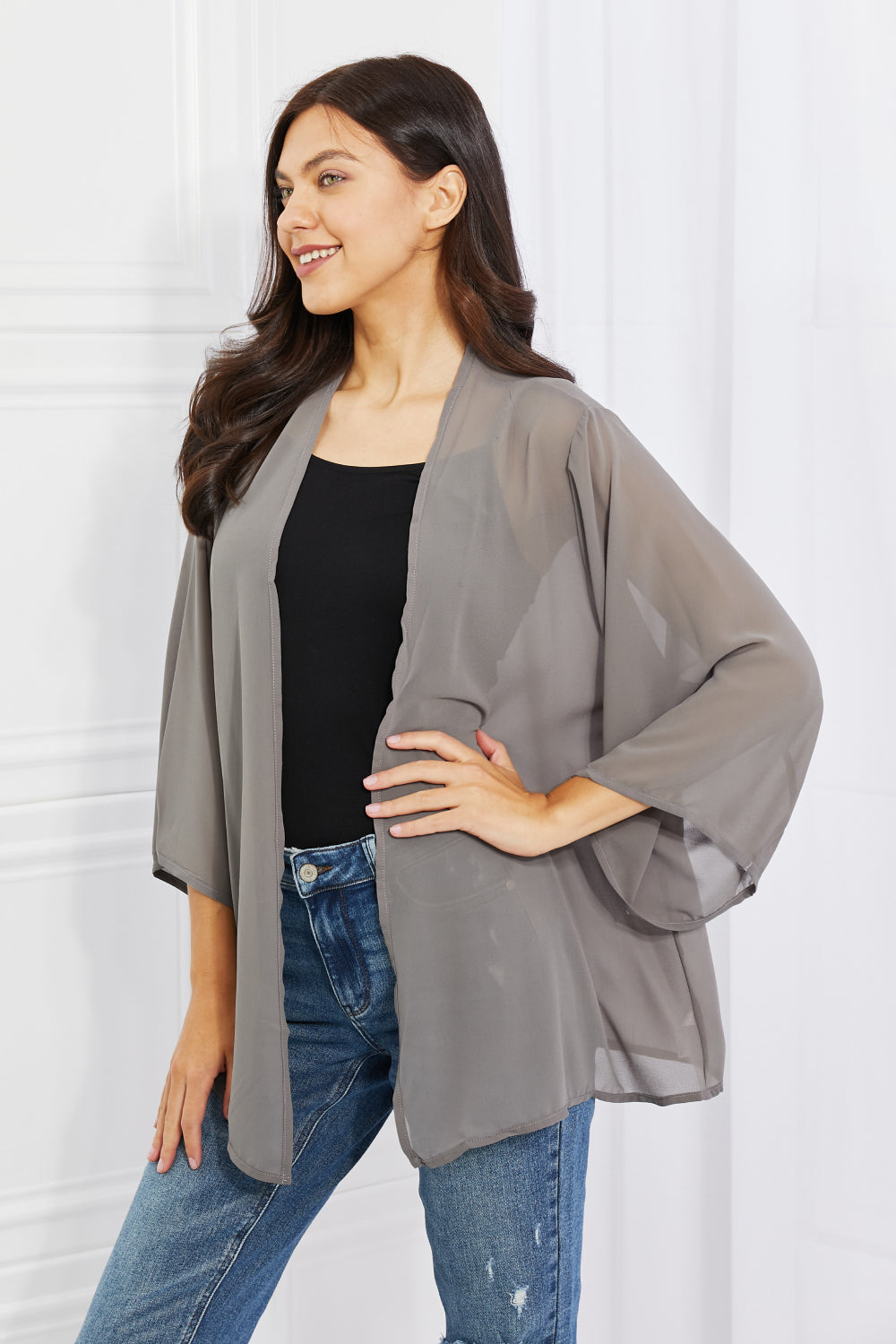 Melody Just Breathe Full Size Grey Chiffon Kimono Robe - Lightweight Cover Up for Beach, Bridal Party & Loungewear