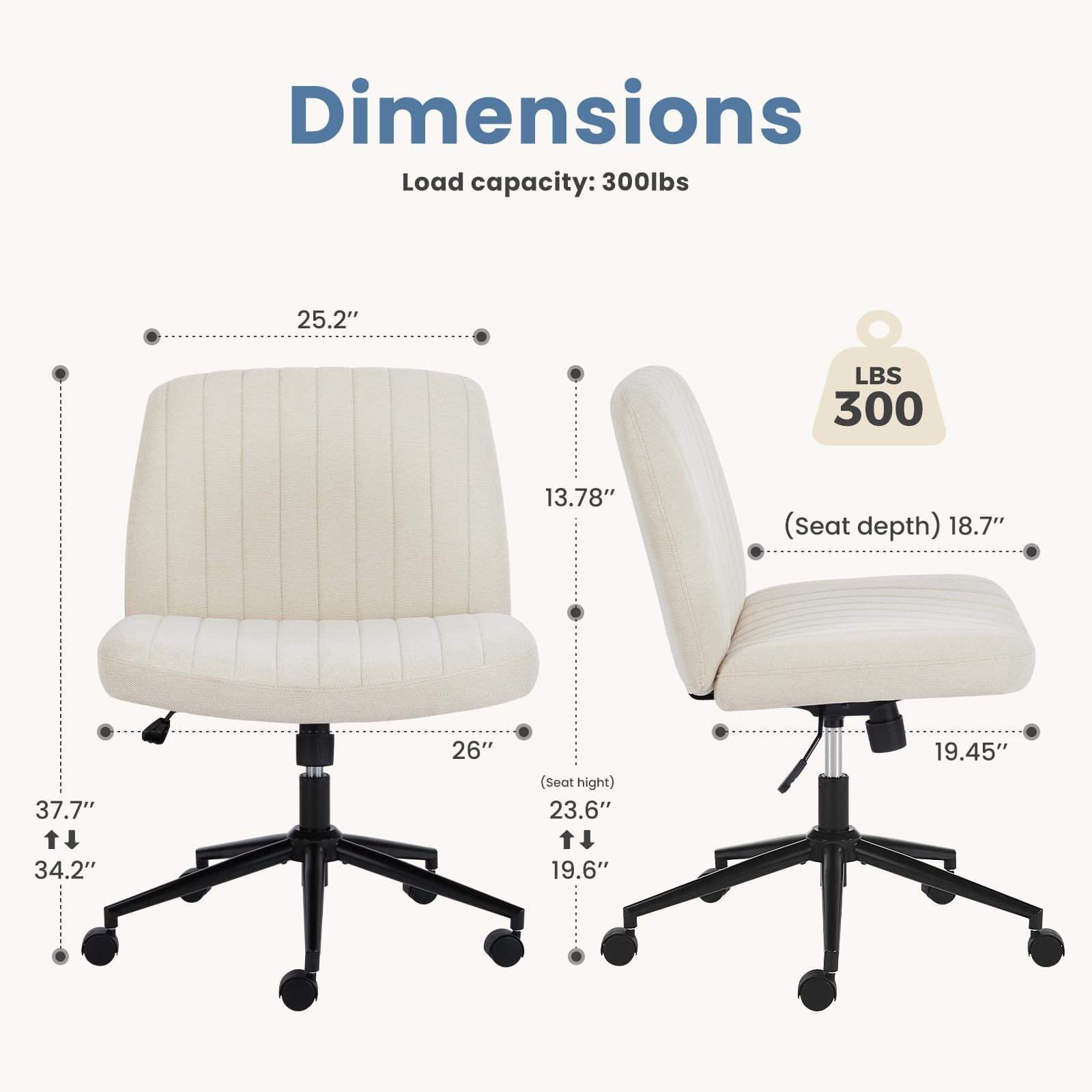 DUMOS Criss Cross Office Chair with Wheels - Adjustable Swivel Fabric Task Chair, Armless Wide Seat for Home Office & Vanity Desk - Ergonomic Rolling Chair for Work, Study, and Makeup Station