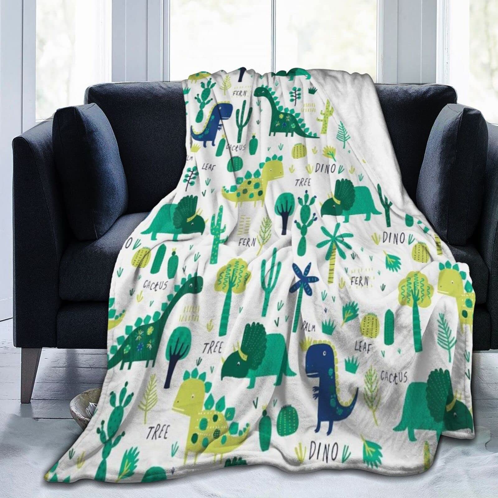 Dinosaur Print Flannel Throw Blanket - Ultra Soft & Warm Fleece Blanket for Women & Men - Cozy Plush Blanket for All Seasons - Perfect for Sofa, Bed, Couch & Chair - Great for Movie Nights, Camping & Home Decor