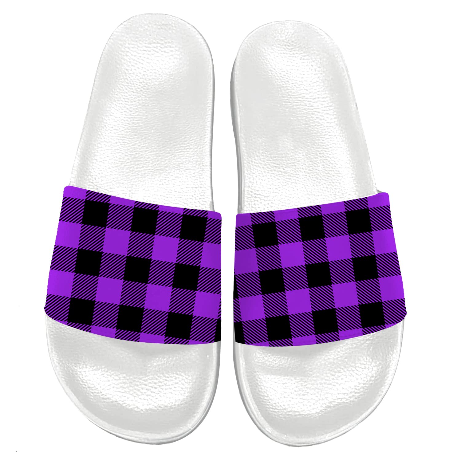**Women's Men's Girls Slide Sandals - Open Toe Comfort Flat Slides for Beach, Pool & Summer - Purple Plaid - US Size 13 Women/12 Men - Perfect for Vacation, Lounging & Outdoor Wear**