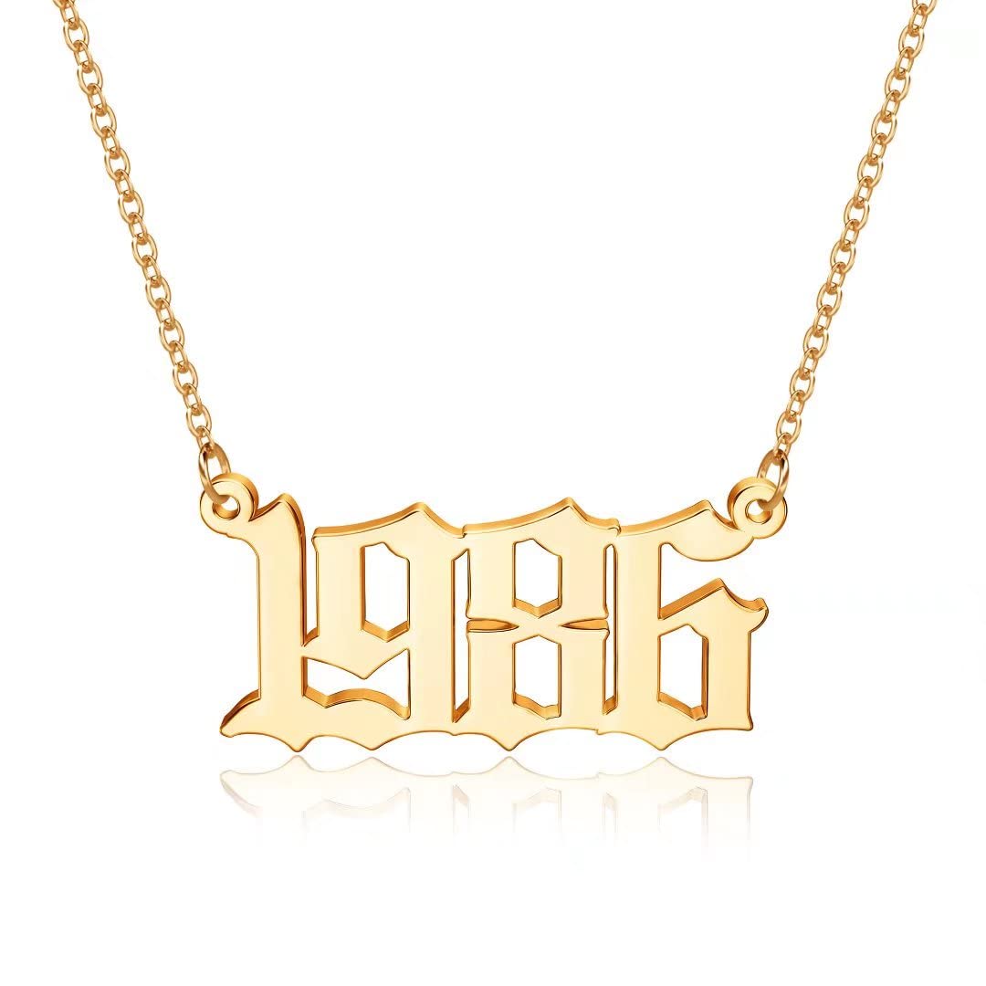 18K Gold Plated Old English Birth Year Necklace for Women - Personalized Jewelry Gift for Birthday, Anniversary (1970-2021) | Perfect for Special Occasions & Everyday Wear