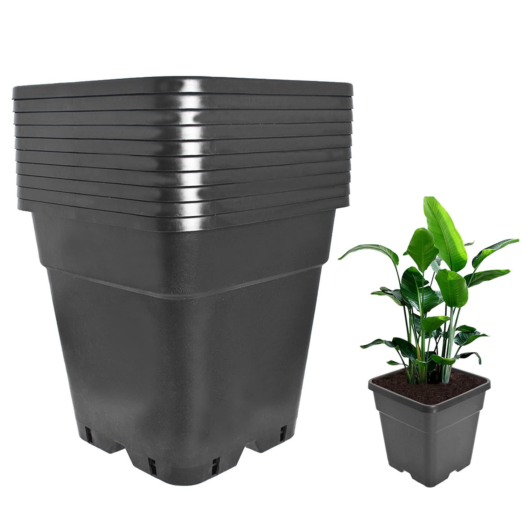 10-Pack 7 Gallon Plastic Plant Pots with Drainage Holes - Heavy Duty Injection Molded Flower Planters for Indoor Outdoor Plants, Vegetables, Seedlings & Gardening - Ideal for Home Garden, Nursery, Patio & Backyard Planting