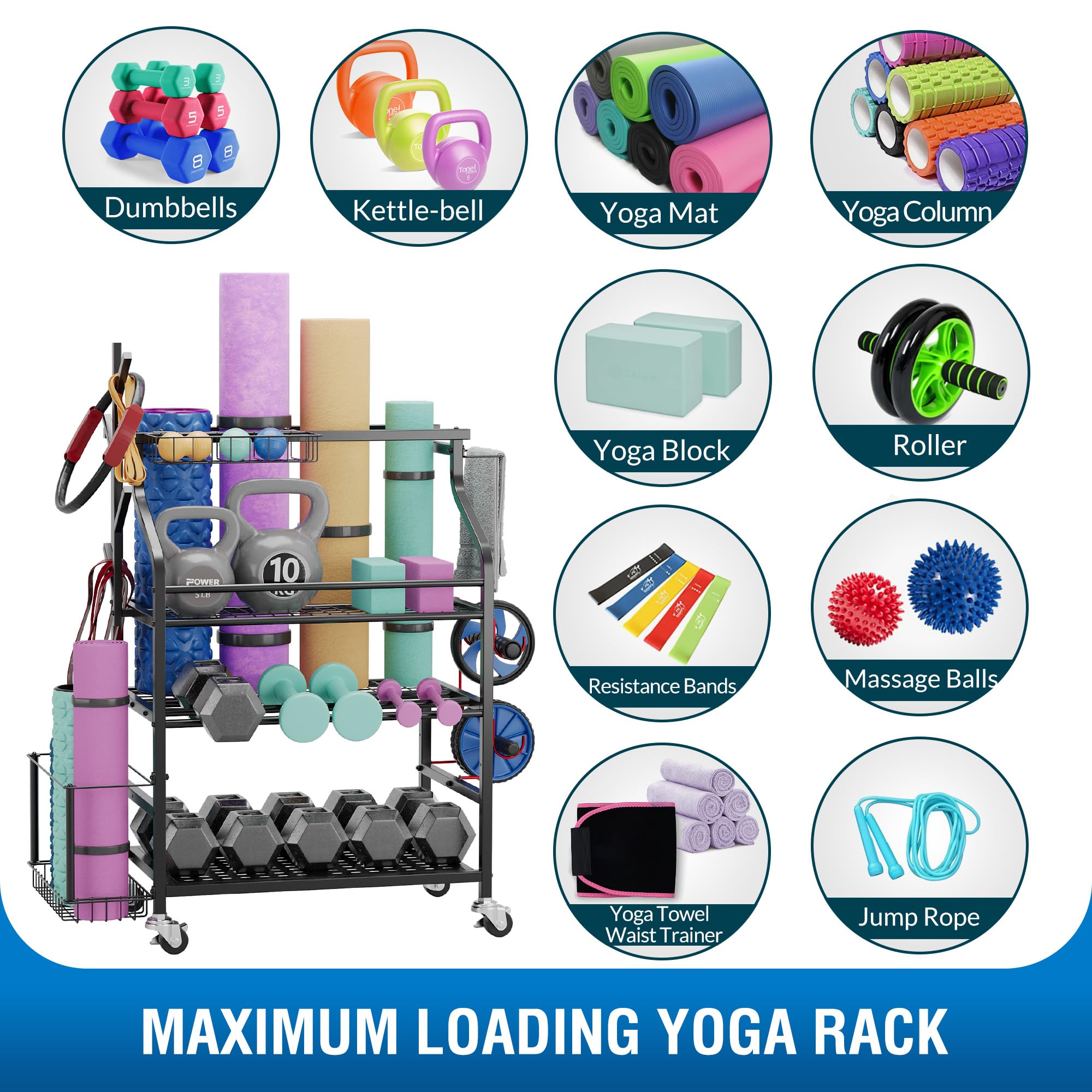 Heavy Duty Dumbbell Rack with Wheels - Adjustable Weight Stand for Kettlebell Storage, Home Gym Organizer for Yoga Mat, Foam Roller, Resistance Bands & Workout Accessories - Perfect for Garage Gym Storage and Workout Space Organization