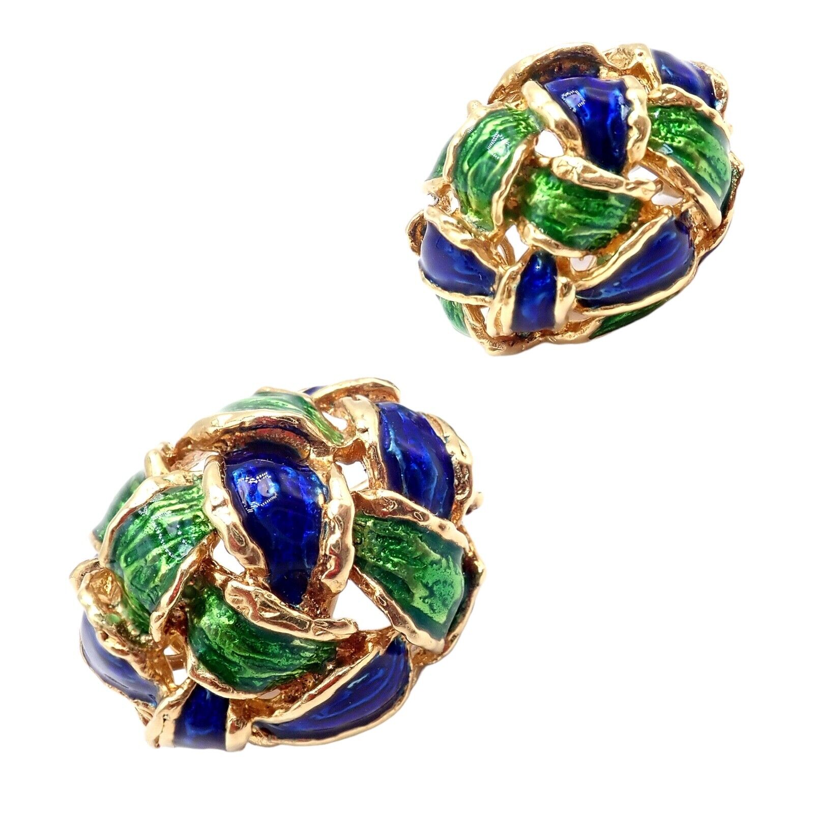 Vintage Tiffany & Co Green Blue Enamel 18k Yellow Gold Basket Weave Earrings - Luxury Jewelry for Women, Perfect for Weddings, Parties & Special Occasions