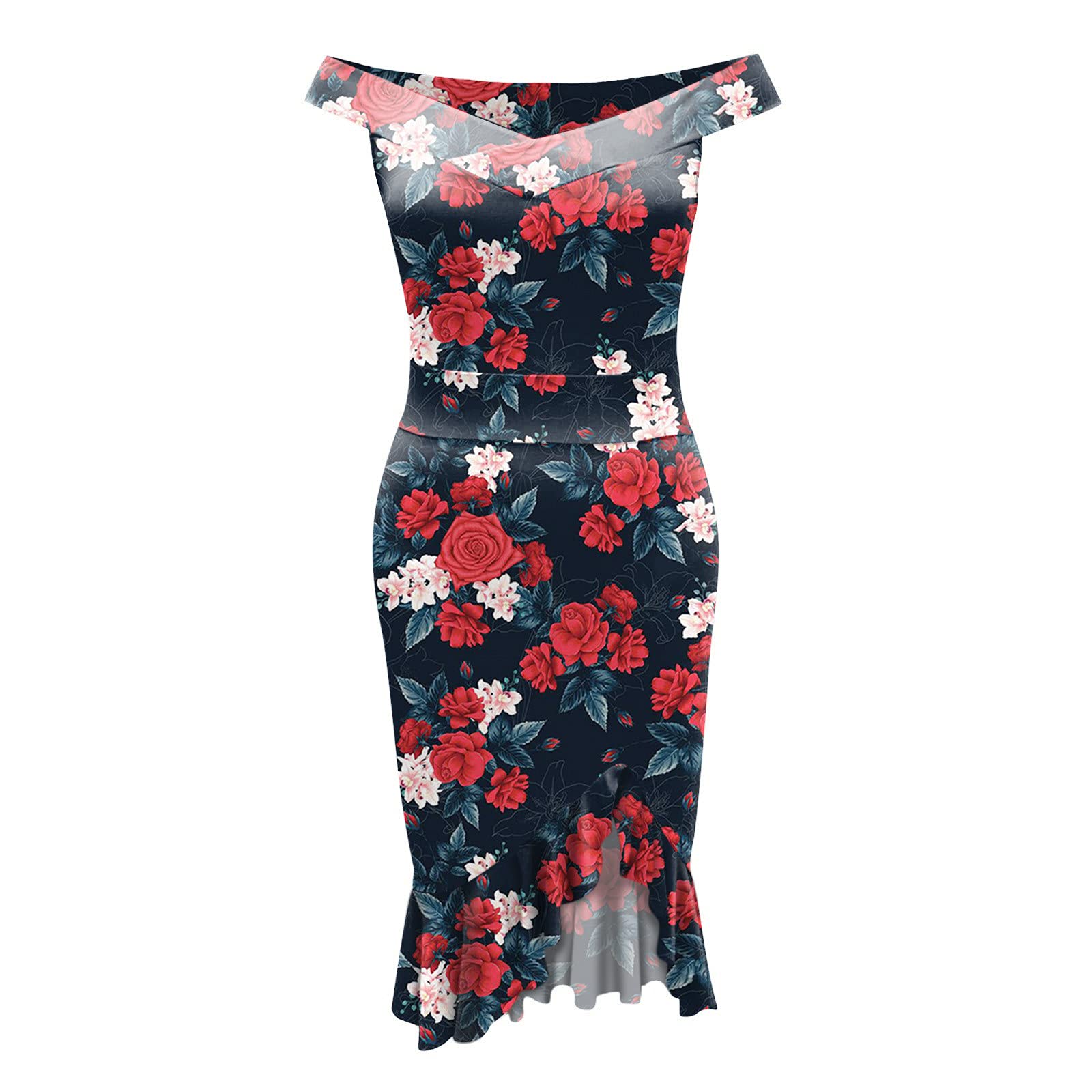 HUQI Women's Floral Print Sequin Cold Shoulder Wrap Dress with Ruffles & High Slit - Sexy Slim Fit Party Cocktail Dress for Evening, Date Night & Special Occasions