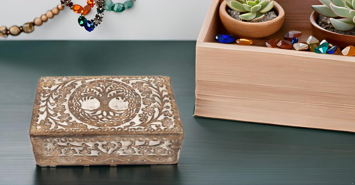 Handmade Wooden Jewelry Box with Tree of Life Carving - Jewelry Organizer, Keepsake Box, Watch Storage - Perfect for Birthday, Housewarming, Wedding Gifts - Elegant Home Decor & Treasure Chest for Necklaces, Rings & Watches