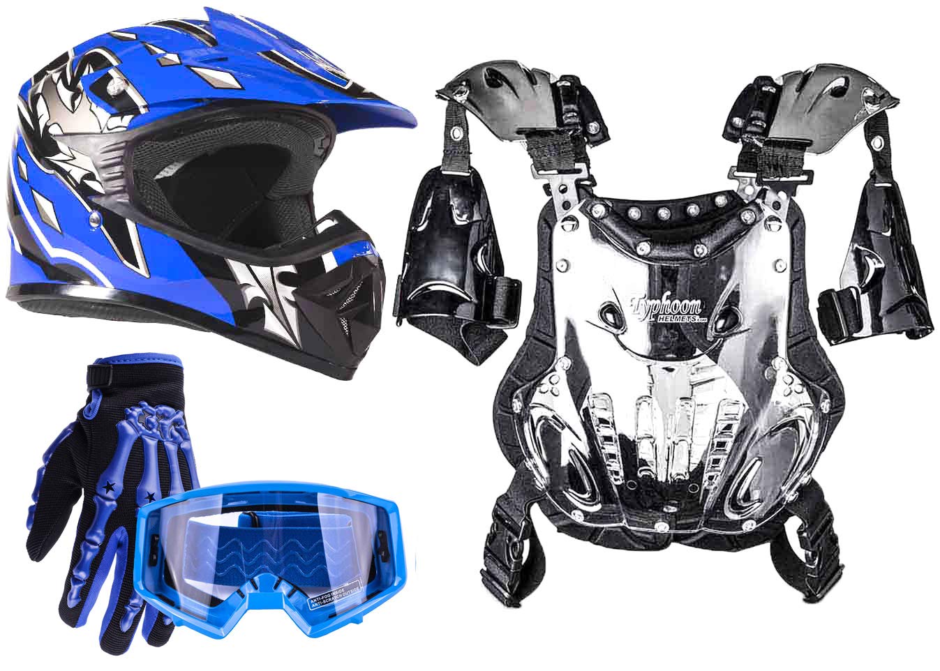 Typhoon Kids Pee Wee Off-Road Motocross Gear Set - Youth MX Helmet, Gloves, Goggles & Chest Protector (Blue, Medium) | Perfect for Dirt Bike Racing & Trail Riding