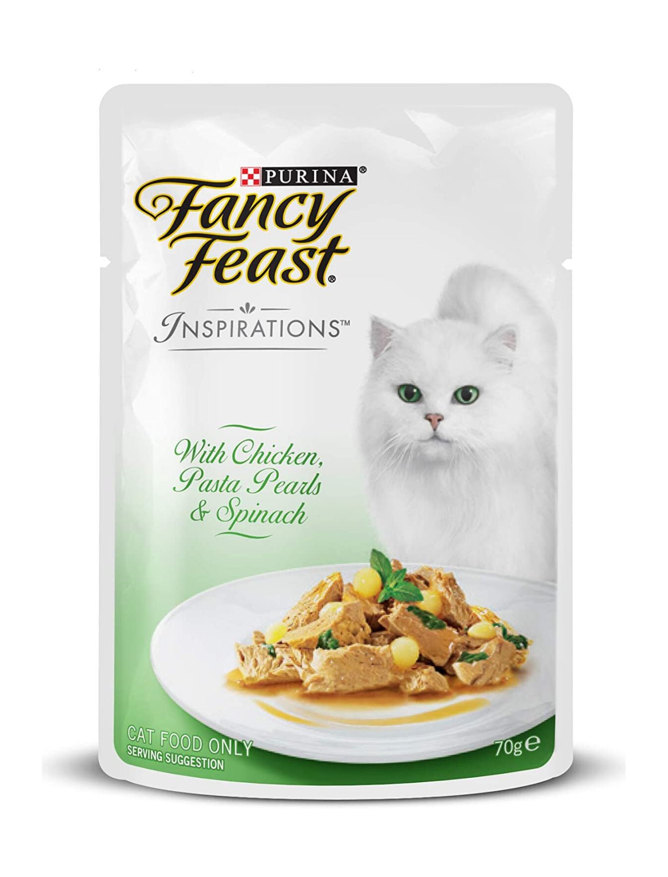 Fancy Feast Inspirations Chicken, Pasta Pearls & Spinach Pouch Cat Food 70g - Grain-Free Wet Cat Food with Real Chicken - Perfect for Adult Cats & Kittens - Ideal for Mealtime, Travel & Treats