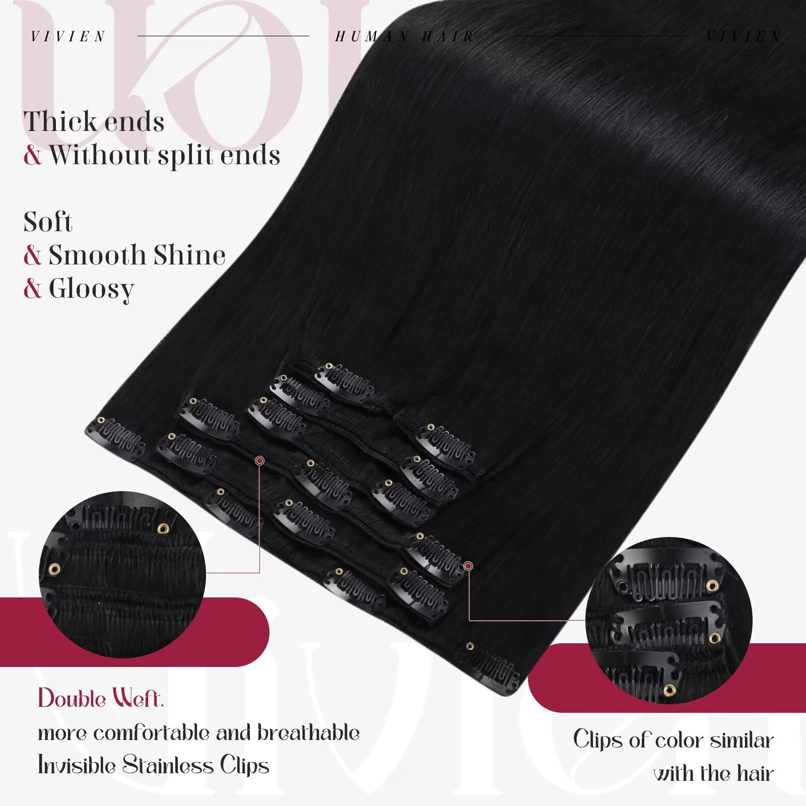 Vivien Black Clip-In Remy Hair Extensions 18 Inch – Real Human Hair, Jet Black, Double Weft, Invisible Clip, 7pcs (120g) for Natural Volume & Length – Perfect for Parties, Weddings & Daily Styling