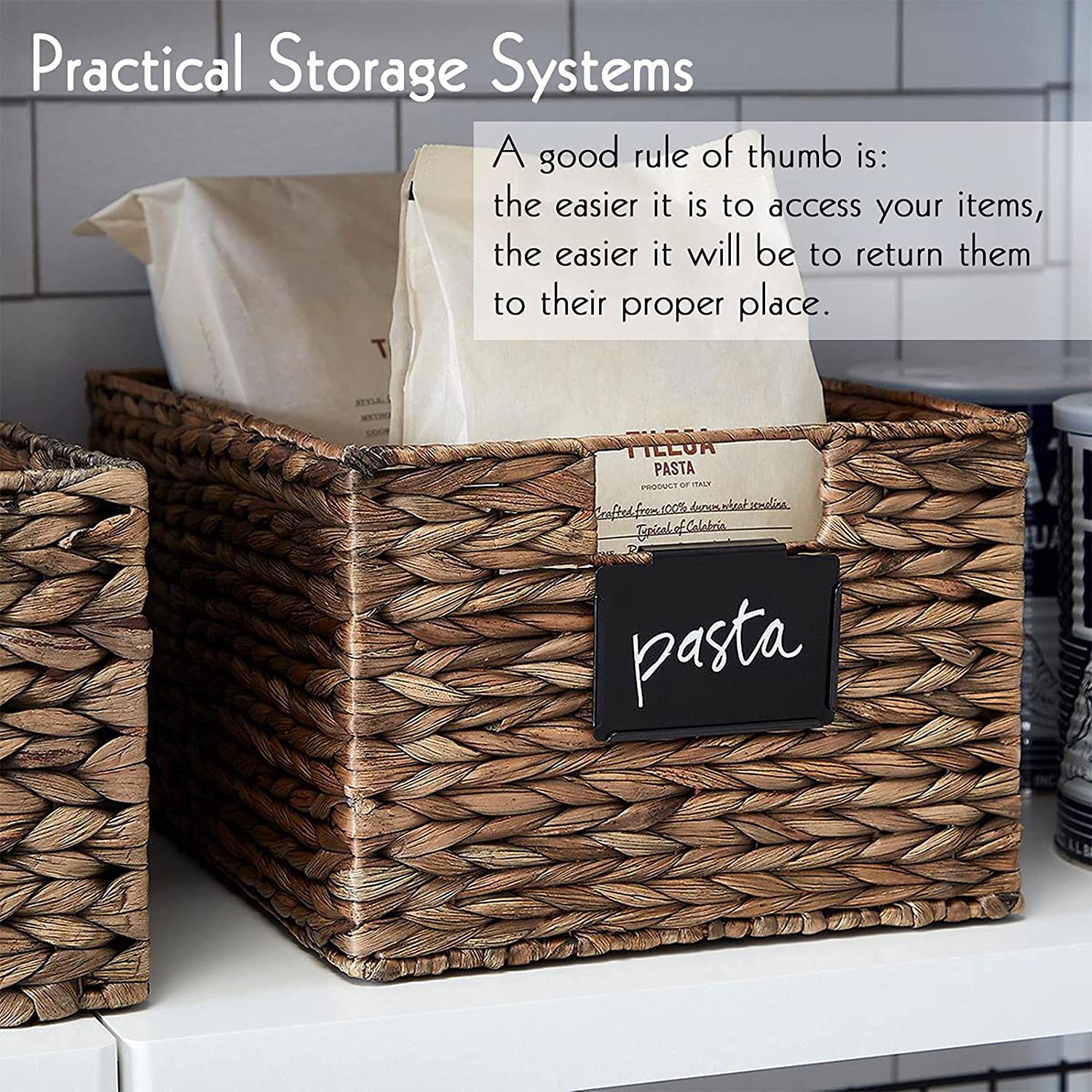 Removable Metal Basket Label Clips with Chalk Markers - 18 Black Pantry Organizer Holders + 4 White Chalk Pens for Storage Fabric Bins & Boxes | Perfect for Kitchen Pantry Organization, Laundry Room Storage & Home Office Supplies