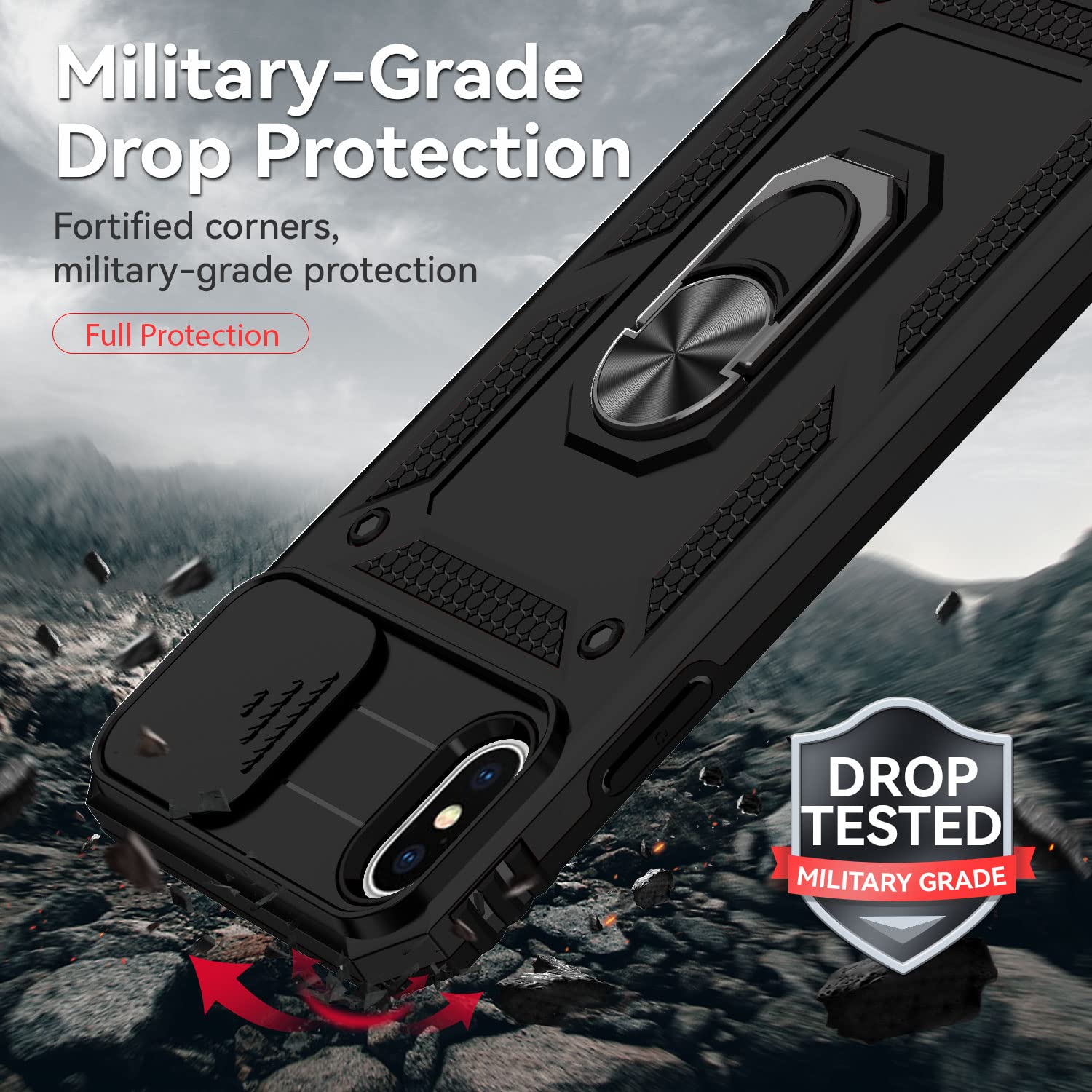 Premium Shockproof iPhone X/Xs Case with Slide Camera Cover, HD Screen Protector & Magnetic Rotating Kickstand - Military Grade Protection (Black) | Perfect for Outdoor Activities, Travel & Daily Use