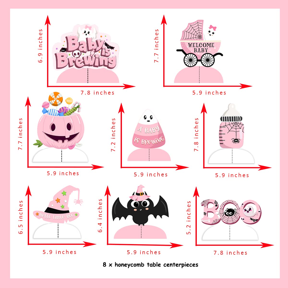 8 Pack Pink Honeycomb Halloween Baby Shower Decorations - 'A Baby is Brewing' Gender Reveal Party Supplies for Pregnancy Celebration, Table Centerpieces & Nursery Decor | Perfect for Baby Shower, Halloween Party & Gender Reveal Events