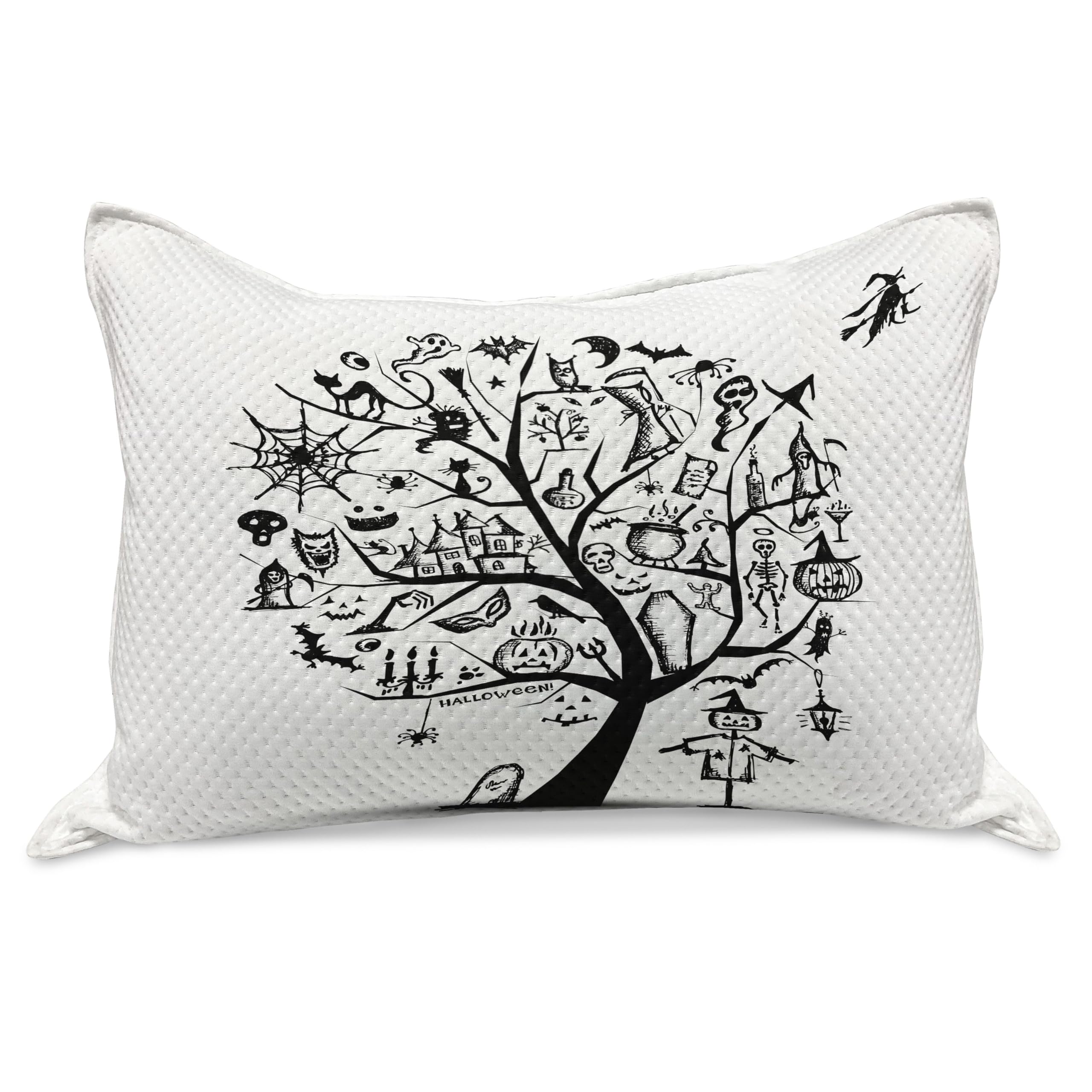 Ambesonne Halloween Knitted Quilt Pillow Cover - Spooky Tree & Witch Broom Abstract Design, Standard Queen Size 30x20 Inches, Black & White - Perfect for Bedroom Decor, Halloween Party & Cozy Fall Home Decor