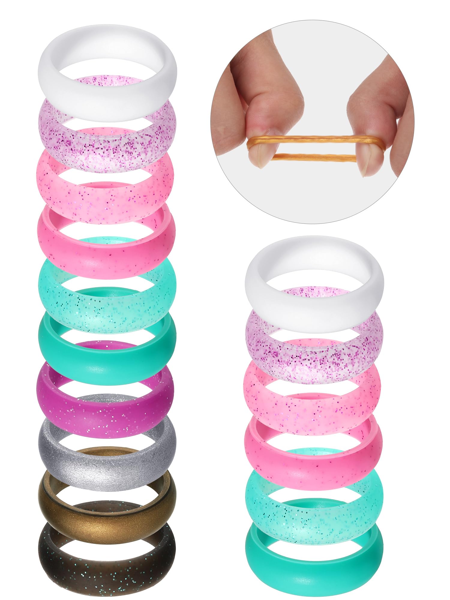Hicarer 20-Piece Thin Stackable Silicone Wedding Rings for Women - Glitter Rubber Bands for Wedding, Sport & Everyday Wear - Comfortable & Durable Fashion Jewelry