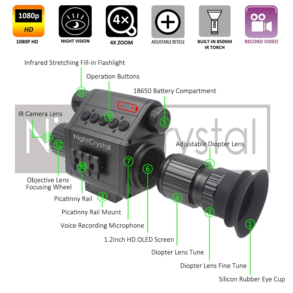1080P HD Tactical Hunting Night Vision Scope with Built-in IR Flashlight, OLED Screen, DVR & Adjustable Crosshairs - Perfect for Night Hunting, Wildlife Observation & Security Surveillance