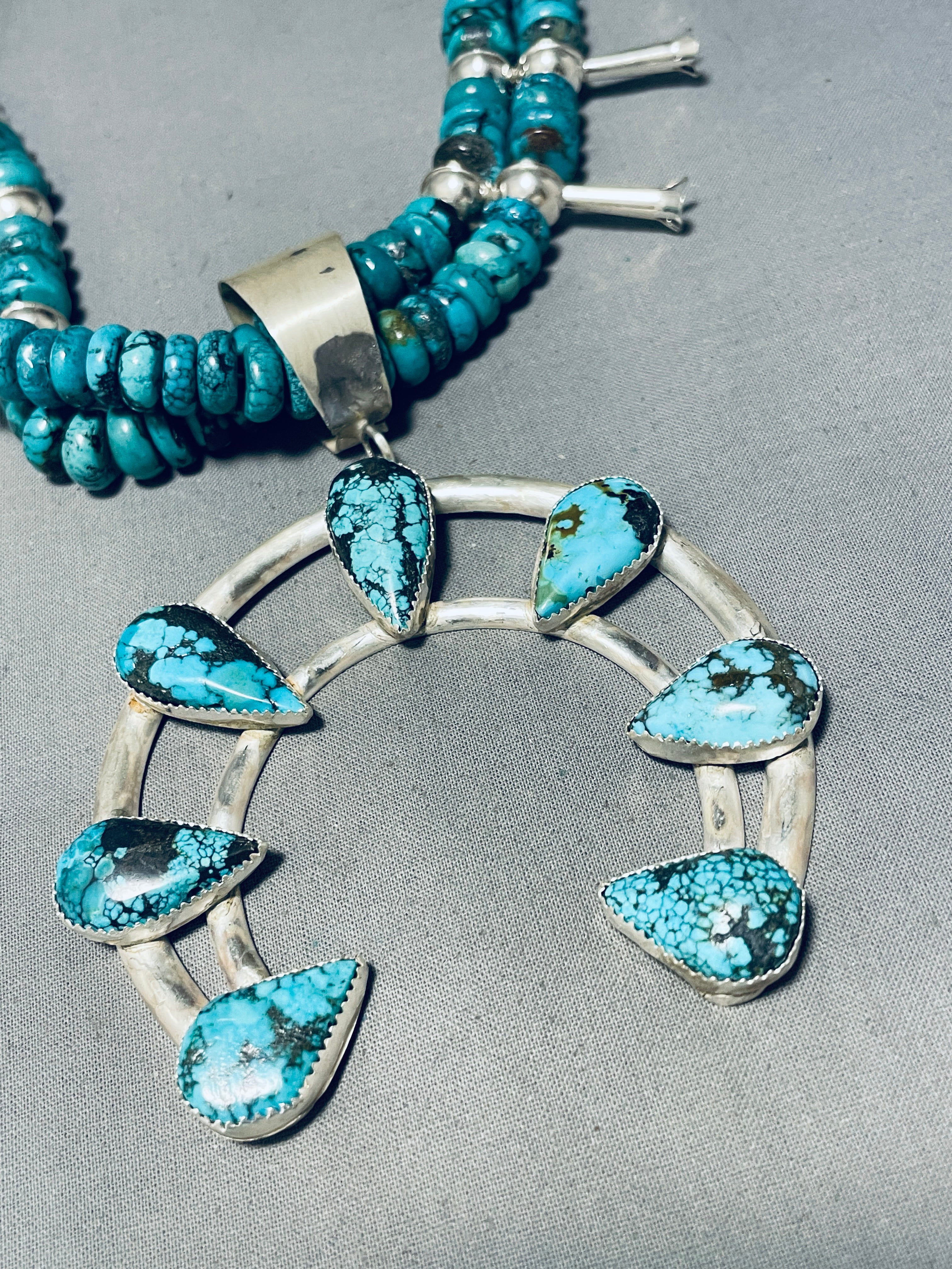 Authentic Navajo Turquoise Sterling Silver Squash Blossom Necklace - 198g Handcrafted Native American Jewelry for Women, Perfect for Boho Fashion, Weddings & Special Occasions