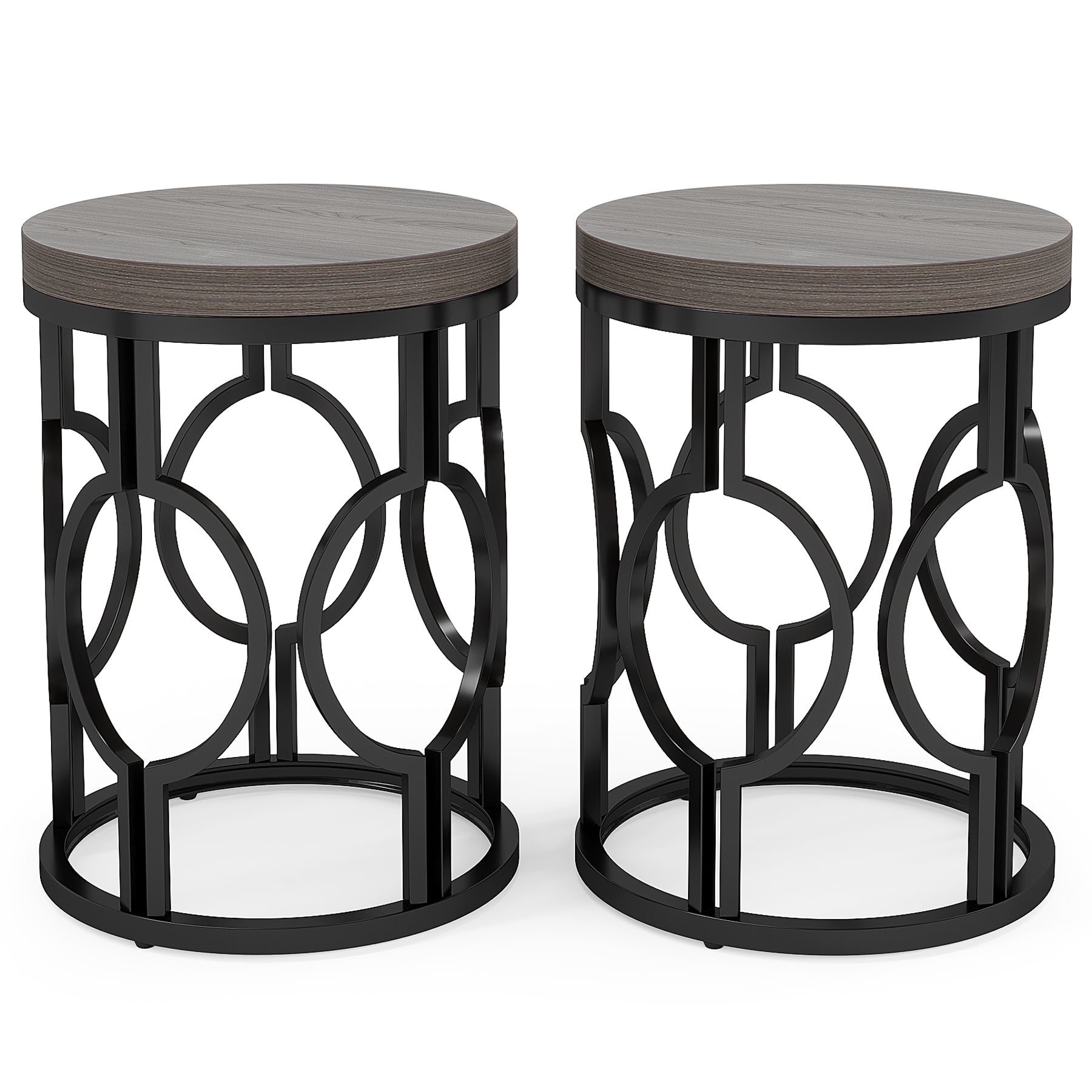 Industrial Round End Table with Metal Hollow Frame - Sturdy Side Table for Living Room, Bedroom, or Office Decor